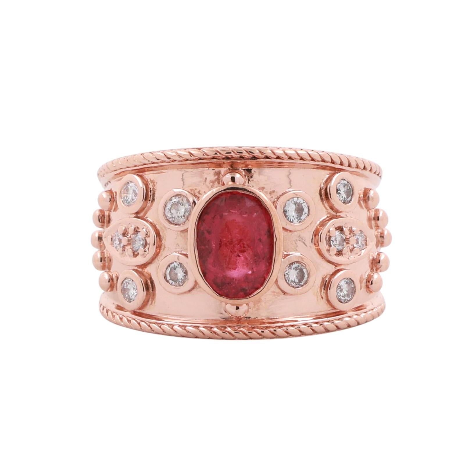 Pink Tourmaline Diamond Wide Band Ring 14K Rose Gold 1.65 CTW Size 7.25 Estate