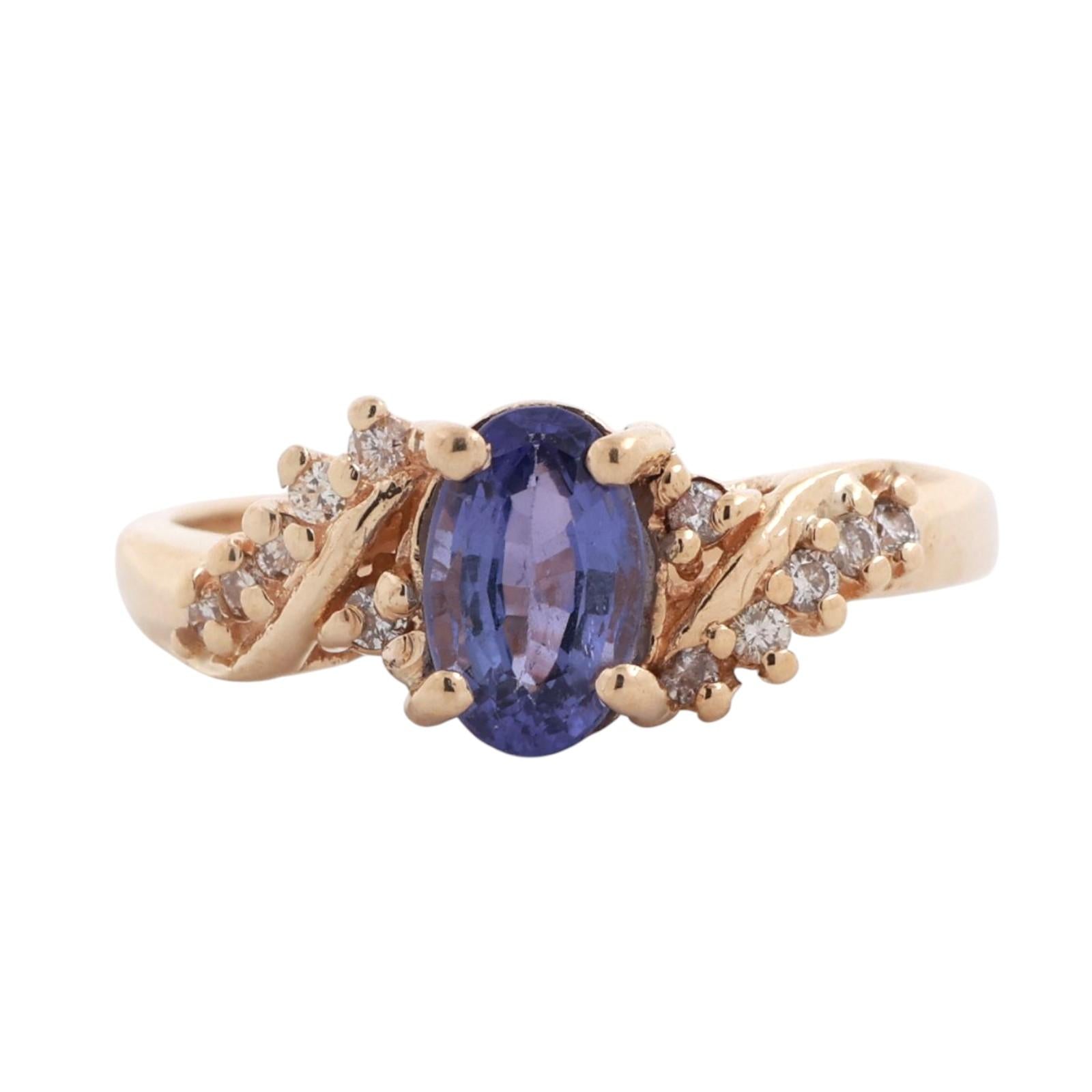 Solitaire Blue Purple Stone Diamond Cocktail Ring Swirl 14K Yellow Gold Size 7.5