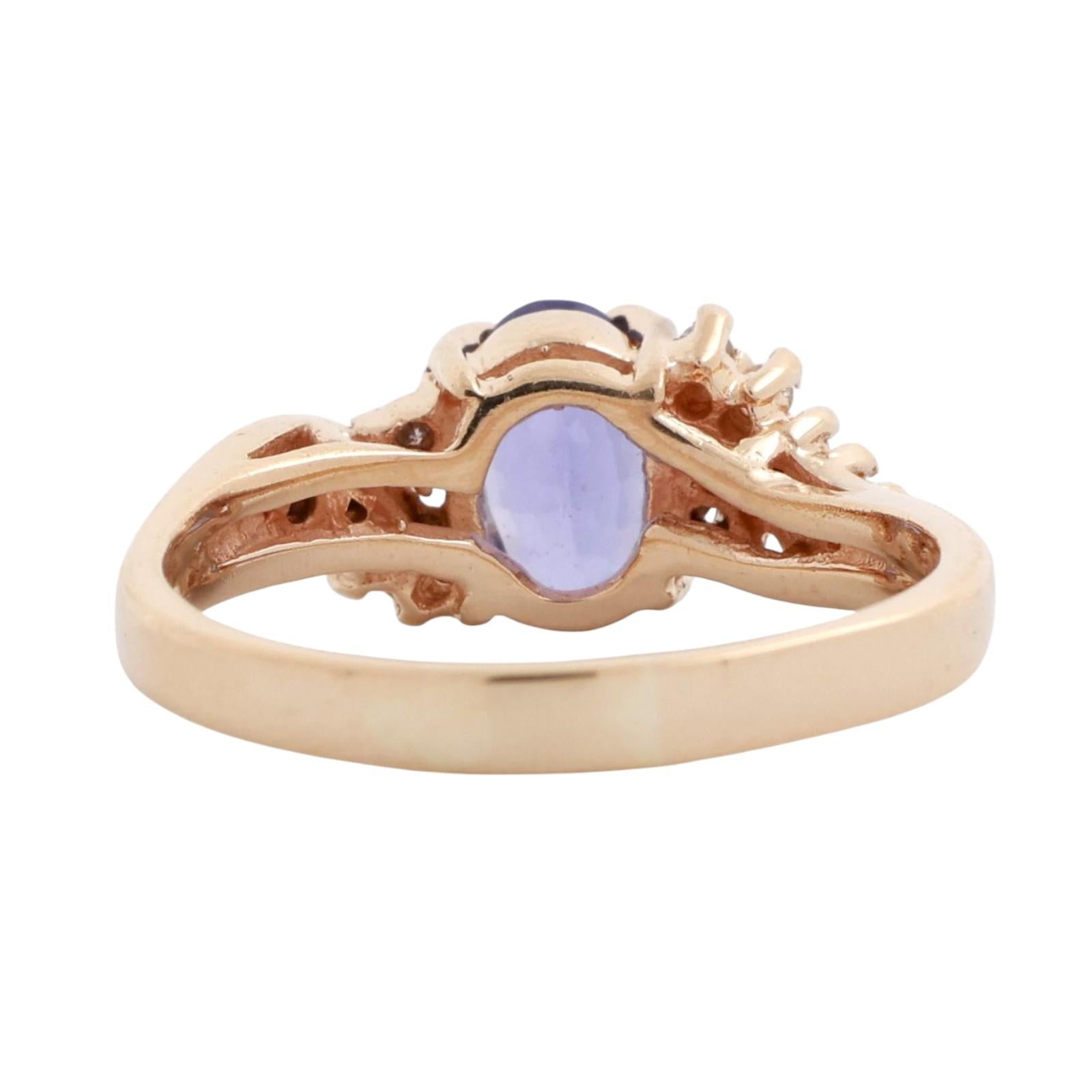 Solitaire Blue Purple Stone Diamond Cocktail Ring Swirl 14K Yellow Gold Size 7.5
