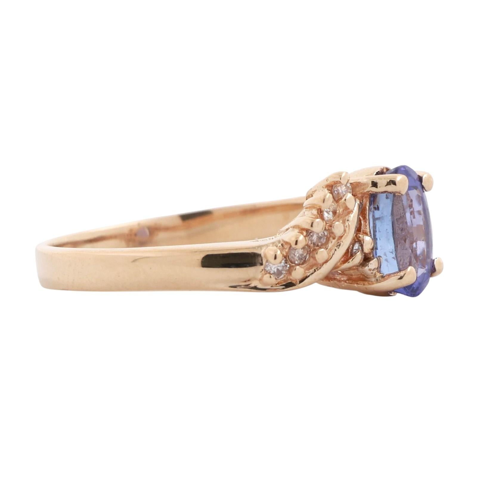 Solitaire Blue Purple Stone Diamond Cocktail Ring Swirl 14K Yellow Gold Size 7.5