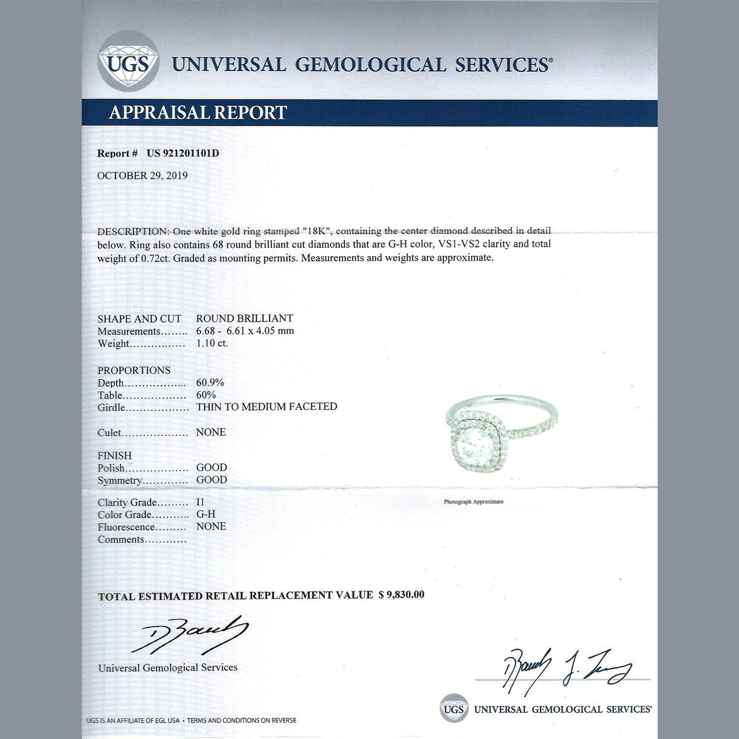 1.82 TW Halo Diamond Engagement Ring UGS CertIficate 18K White Gold Size 6.5