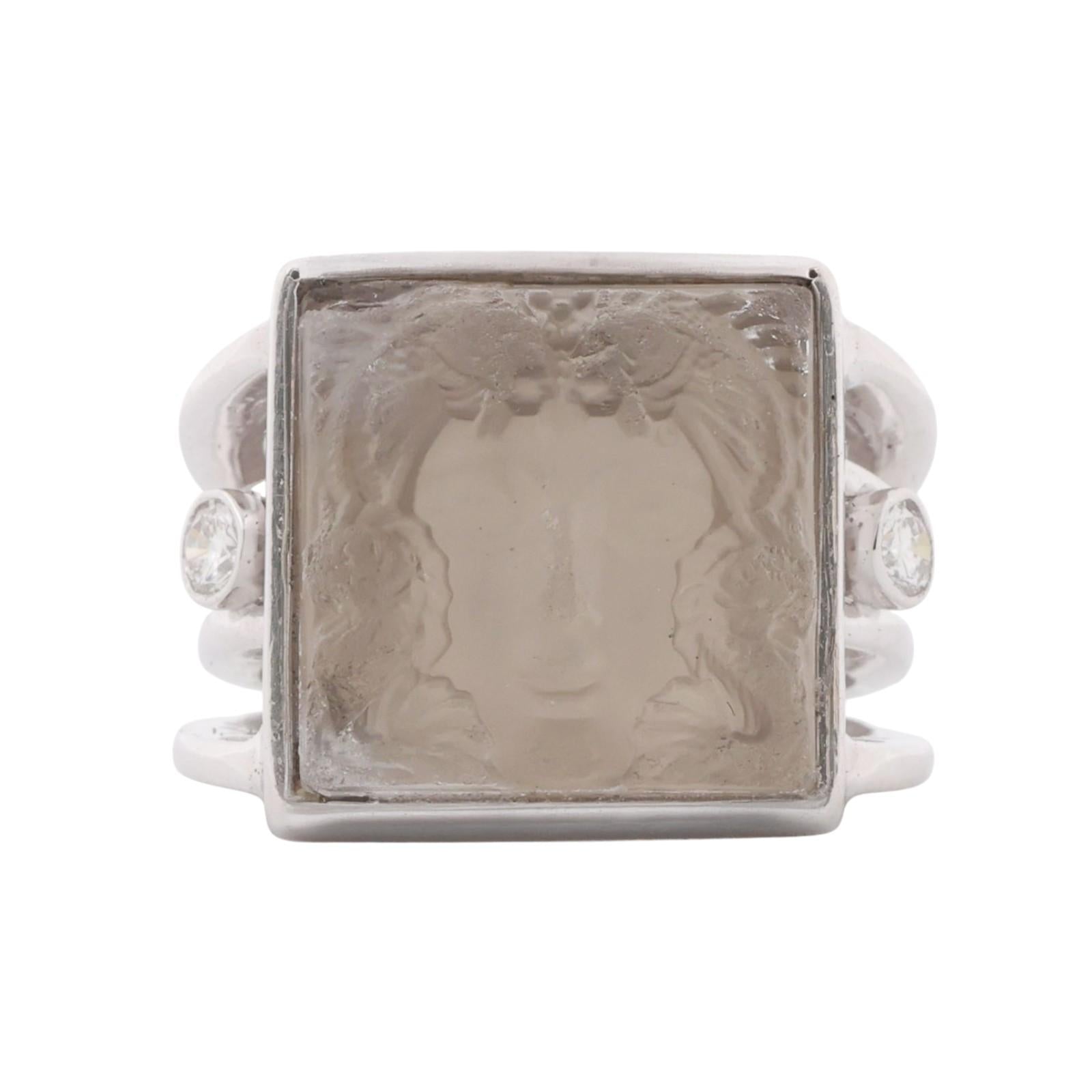 Vintage Carved Quartz Cameo Diamond Statement Ring 14K White Gold Size 3 Estate