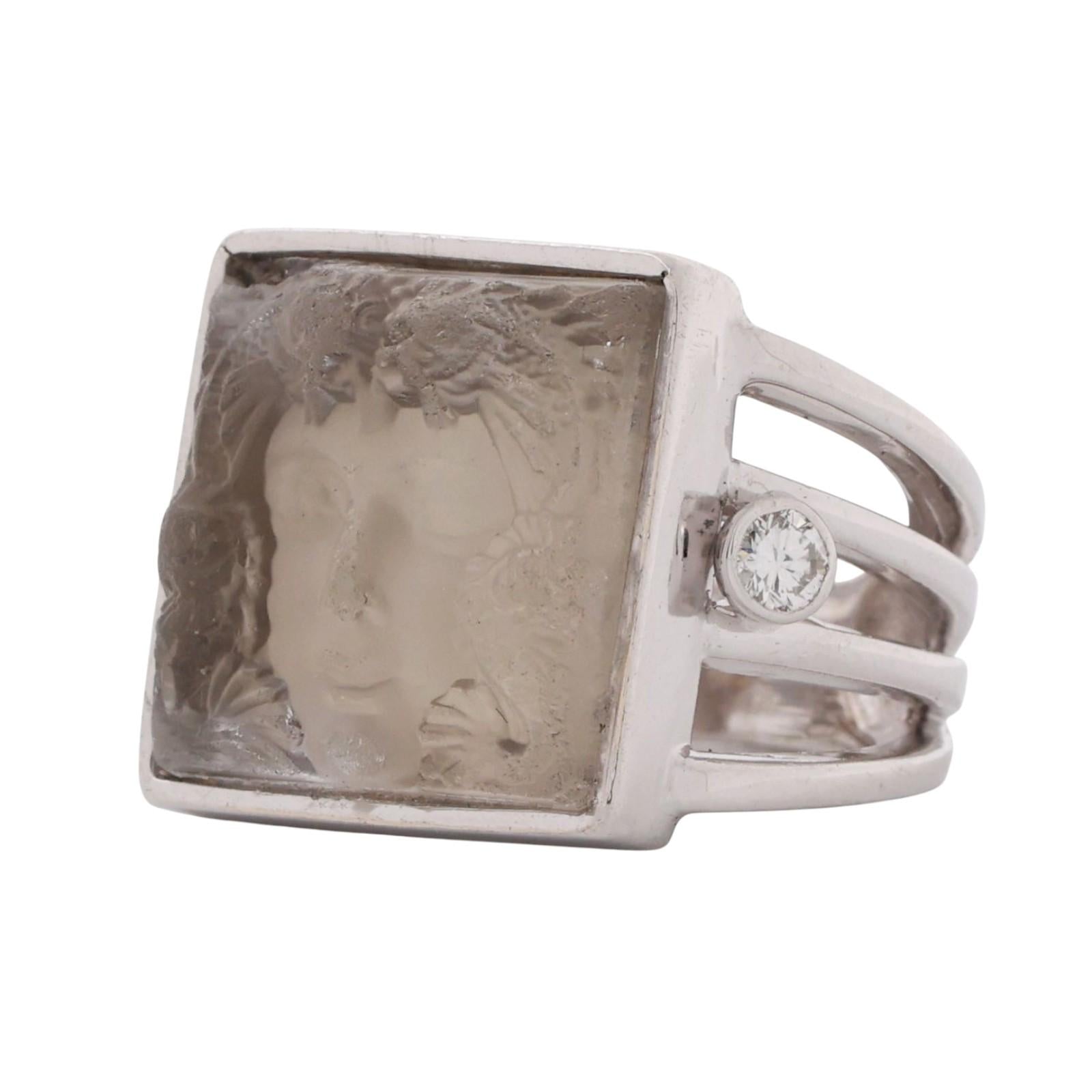 Vintage Carved Quartz Cameo Diamond Statement Ring 14K White Gold Size 3 Estate