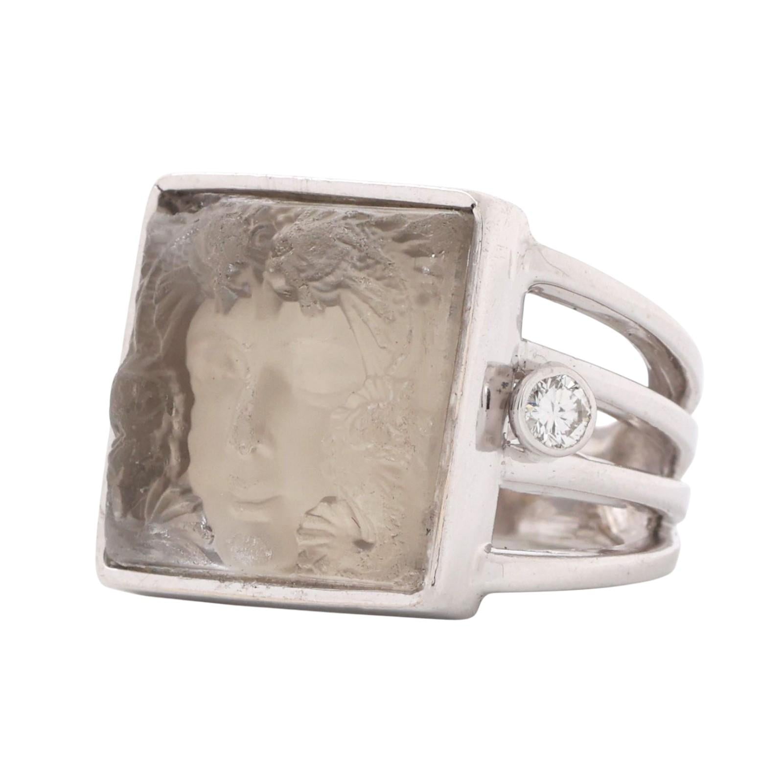 Vintage Carved Quartz Cameo Diamond Statement Ring 14K White Gold Size 3 Estate