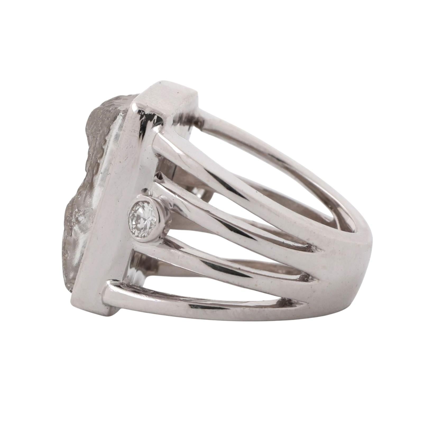 Vintage Carved Quartz Cameo Diamond Statement Ring 14K White Gold Size 3 Estate