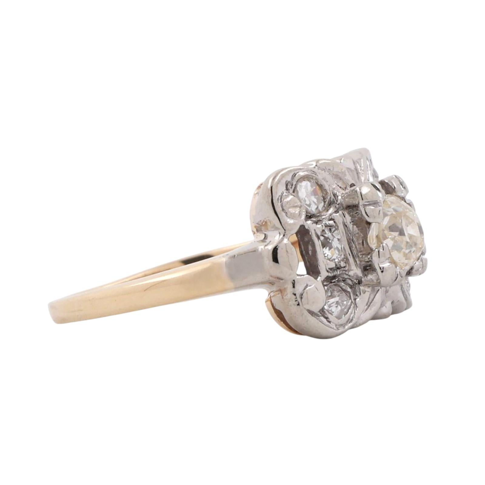 Vintage Old Euro Cut Diamond Solitaire Accent Ring 2-Tone Gold 0.50 TW Size 5.75