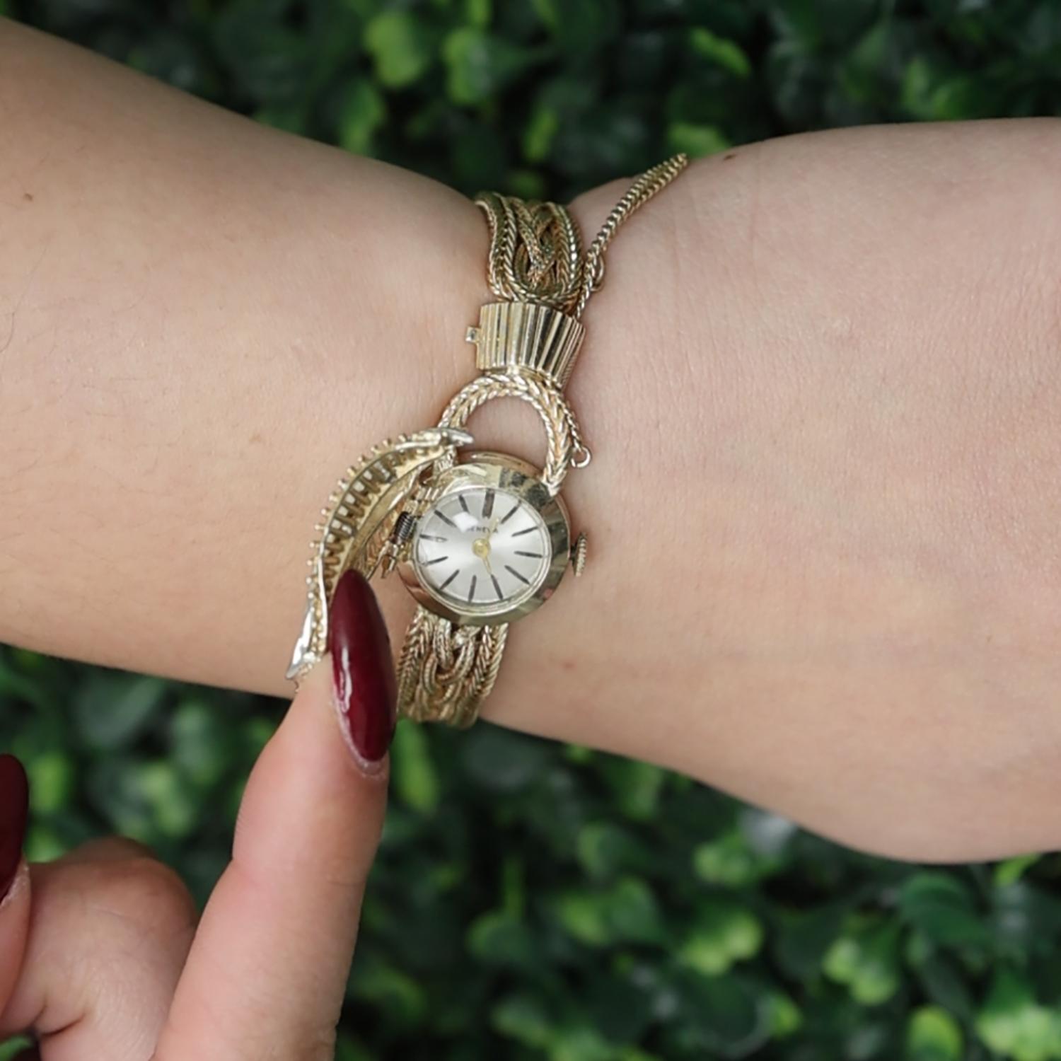 1960s Geneva Cover Case Watch Bracelet 2-Tone Gold Diamonds 6.25" Ladies