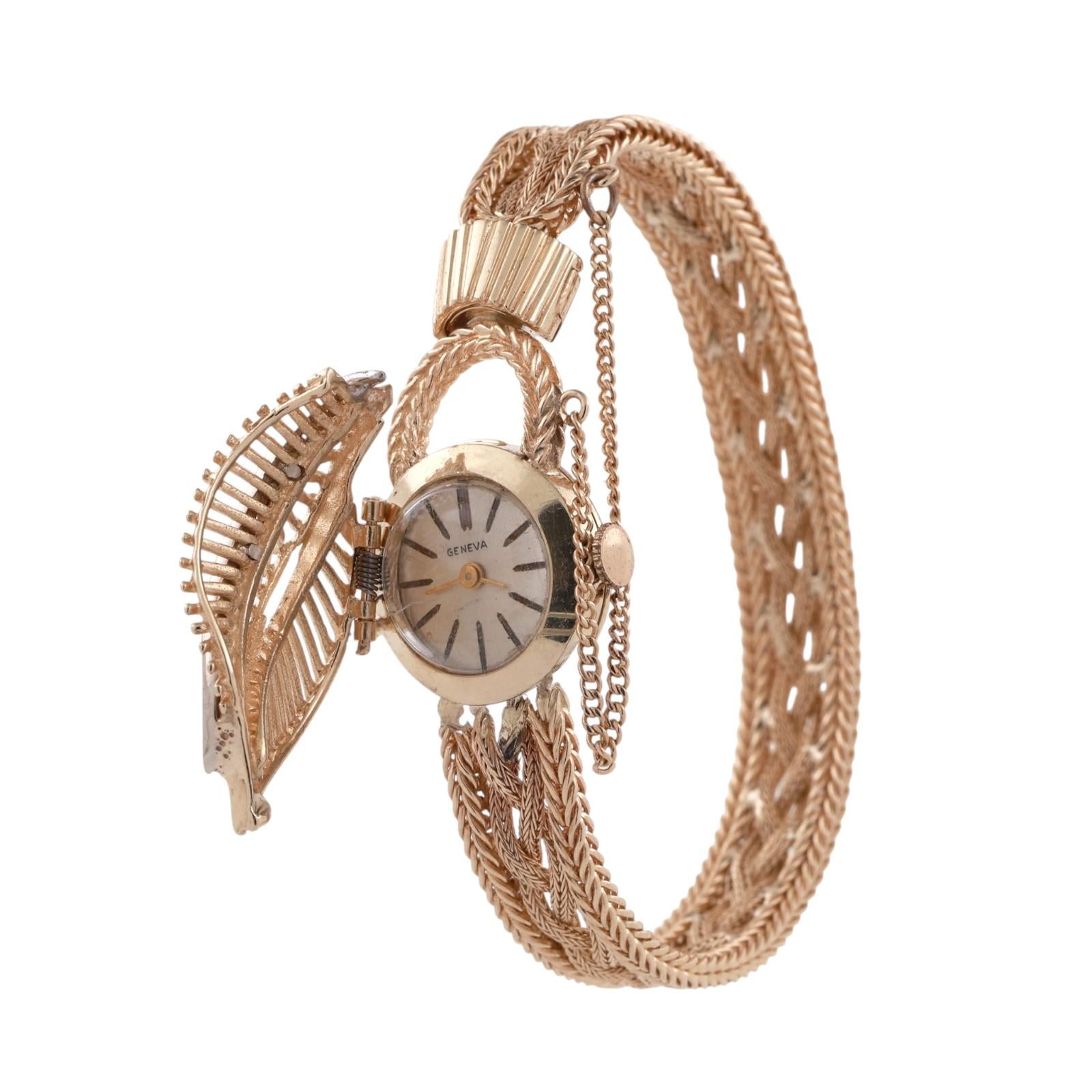 1960s Geneva Cover Case Watch Bracelet 2-Tone Gold Diamonds 6.25" Ladies