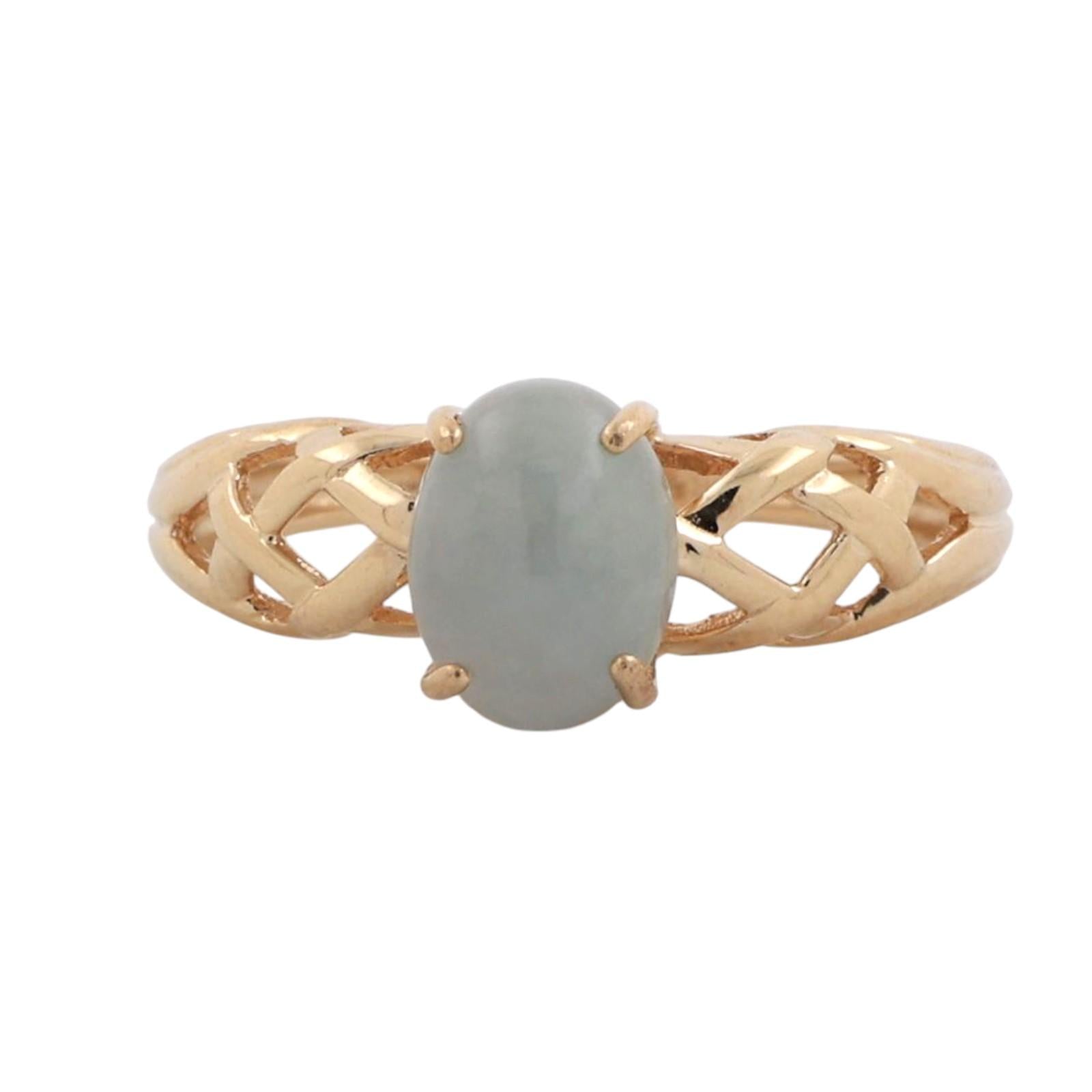 Oval White Jade Gemstone Solitaire Ring 14K Yellow Gold Filigree SIze 6 Ladies
