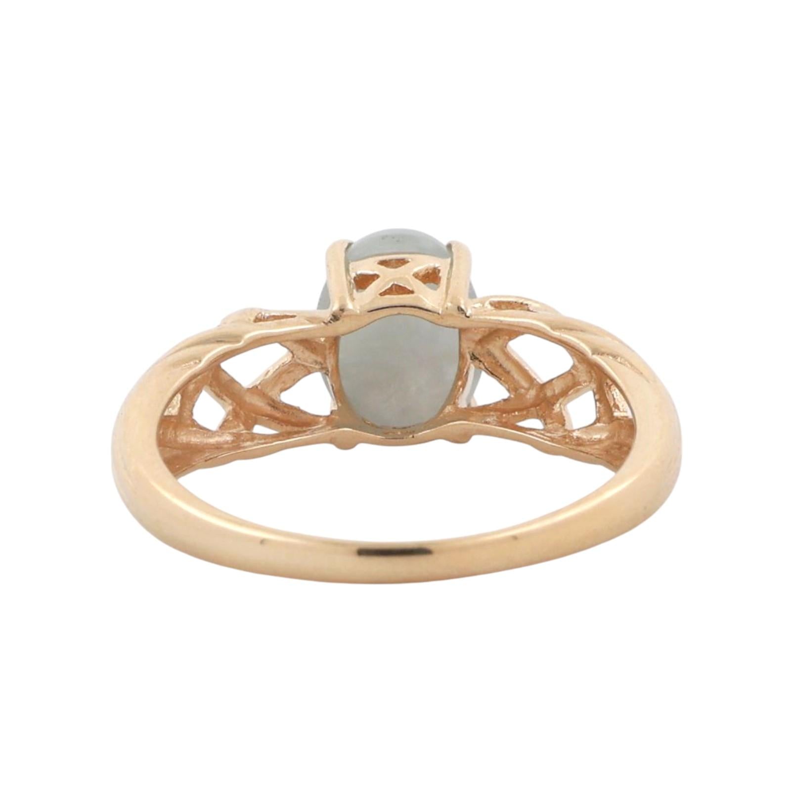 Oval White Jade Gemstone Solitaire Ring 14K Yellow Gold Filigree SIze 6 Ladies