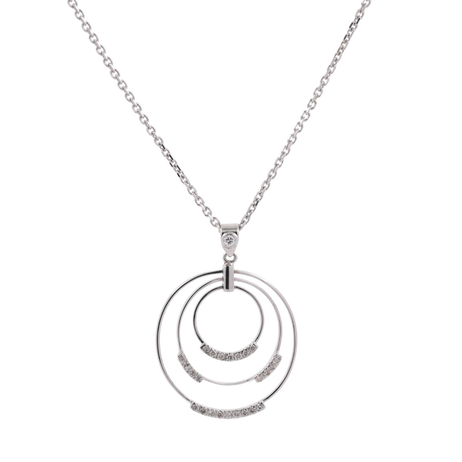 0.40 TW Diamond Tri-Circle Pendant Cable Chain Necklace 14K White Gold 18"
