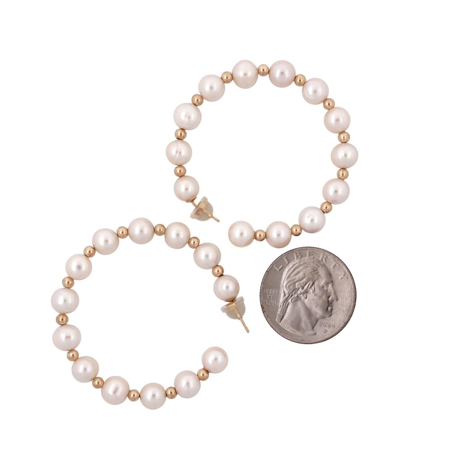 EFFY Cultured Freshwater Pearl Round Hoop Earrings 14K Yellow Gold 1.70" Ladies