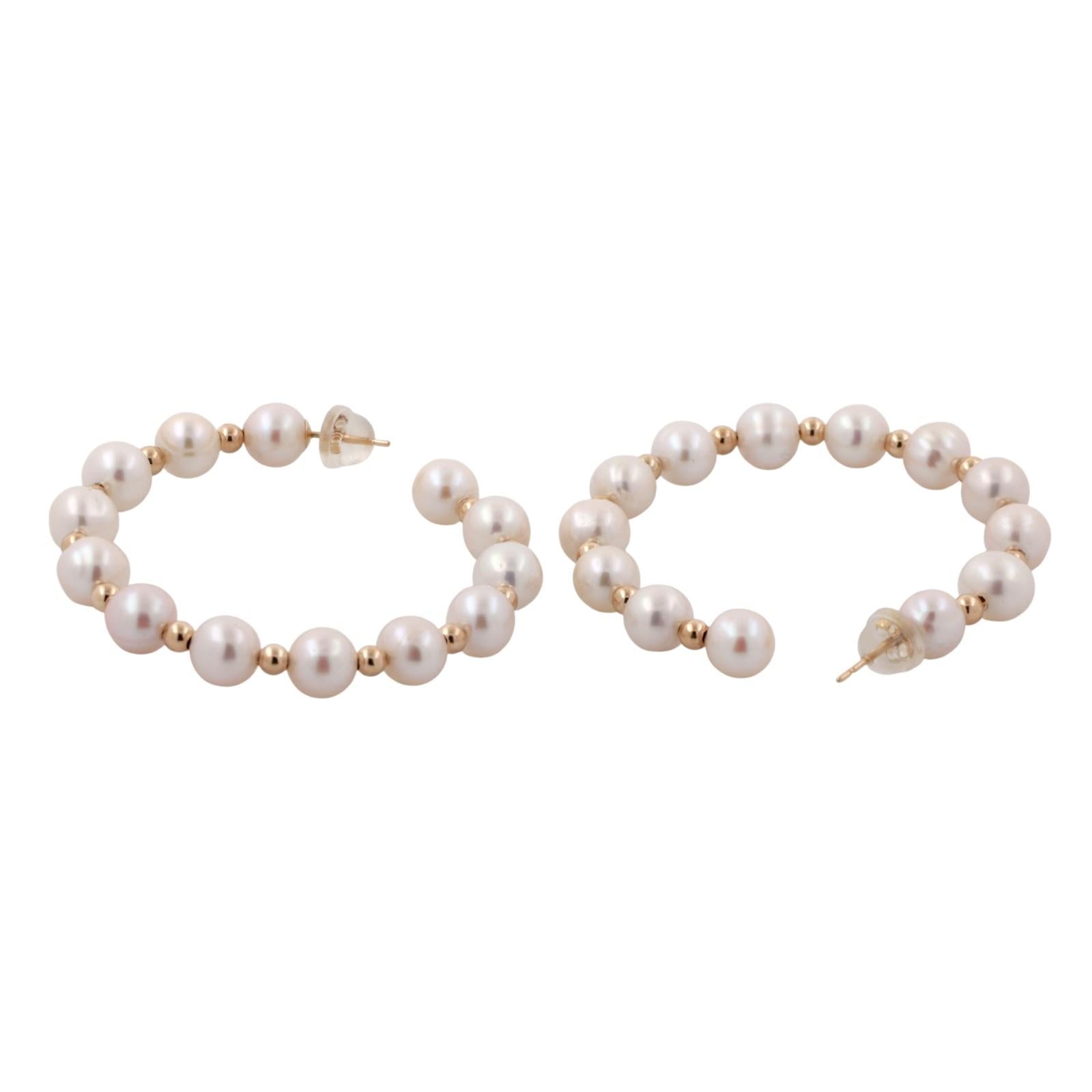 EFFY Cultured Freshwater Pearl Round Hoop Earrings 14K Yellow Gold 1.70" Ladies