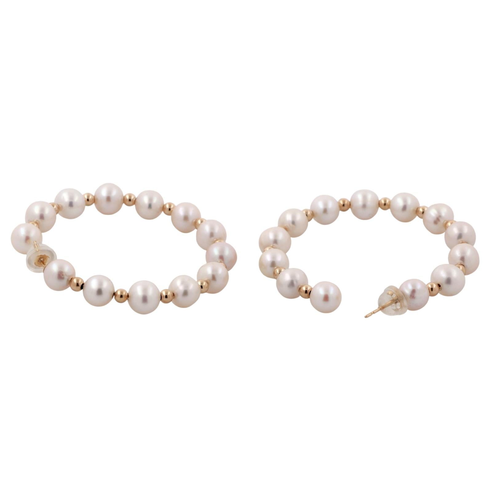 EFFY Cultured Freshwater Pearl Round Hoop Earrings 14K Yellow Gold 1.70" Ladies