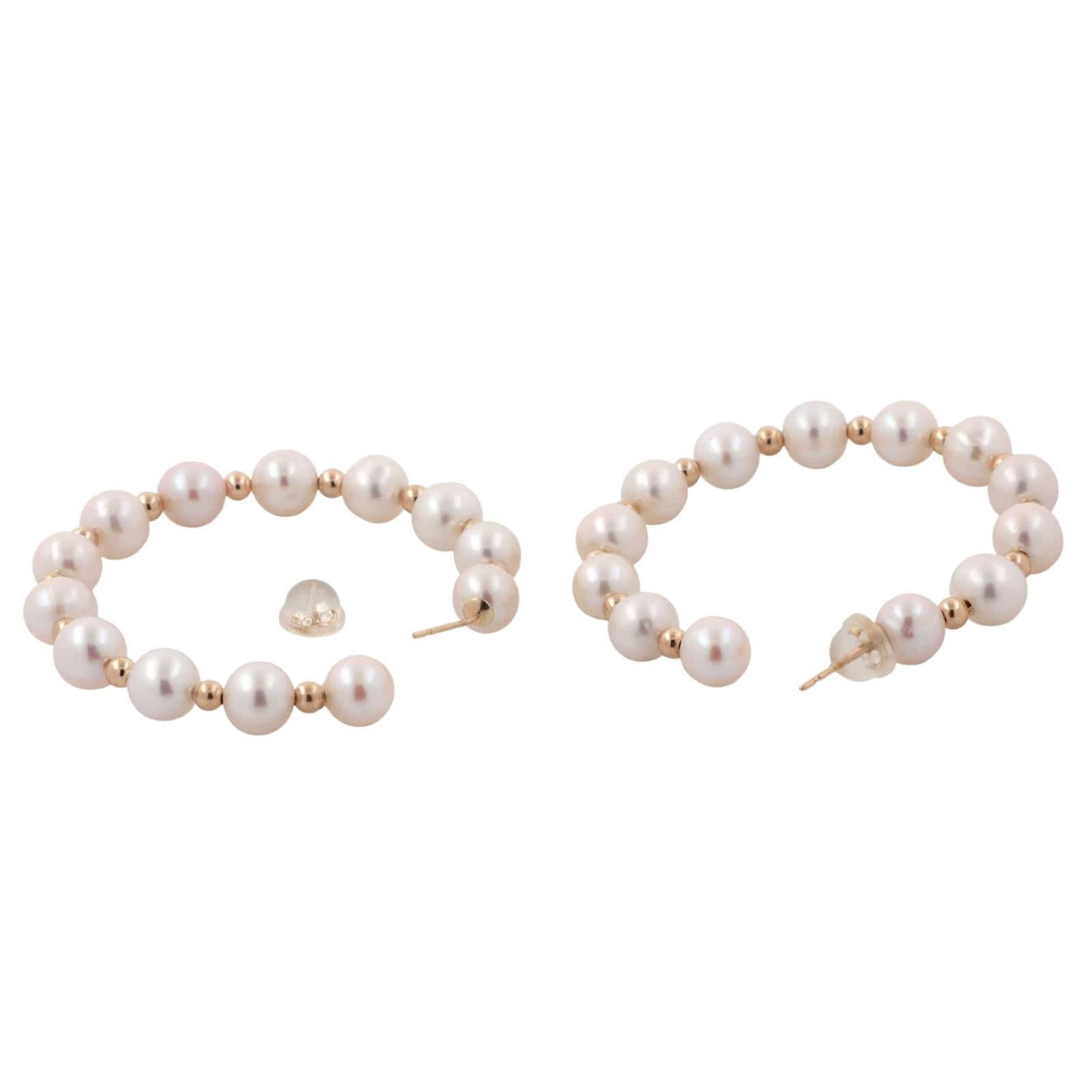 EFFY Cultured Freshwater Pearl Round Hoop Earrings 14K Yellow Gold 1.70" Ladies