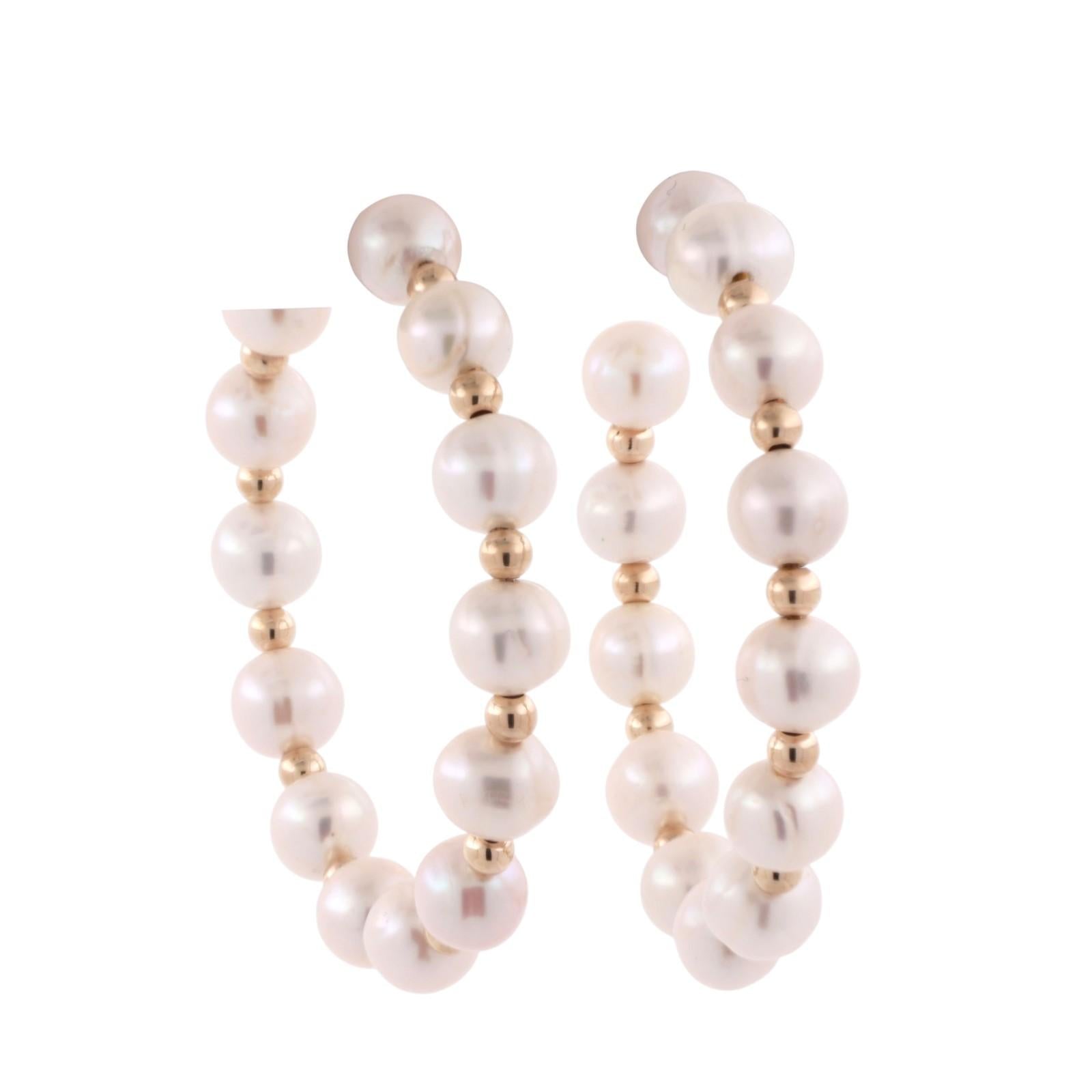 EFFY Cultured Freshwater Pearl Round Hoop Earrings 14K Yellow Gold 1.70" Ladies