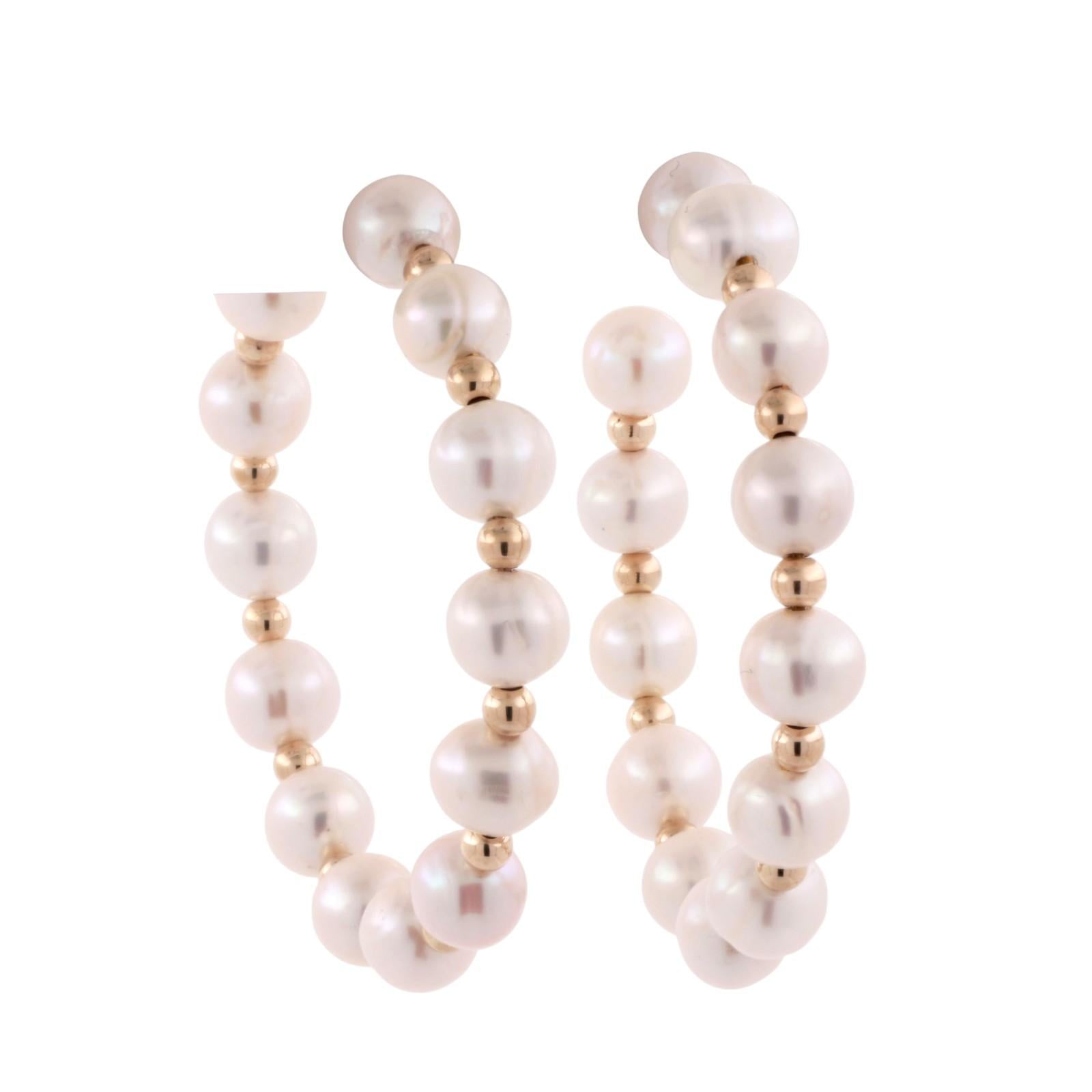 EFFY Cultured Freshwater Pearl Round Hoop Earrings 14K Yellow Gold 1.70" Ladies