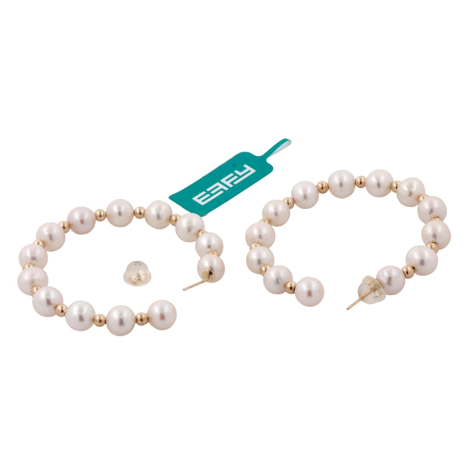 EFFY Cultured Freshwater Pearl Round Hoop Earrings 14K Yellow Gold 1.70" Ladies