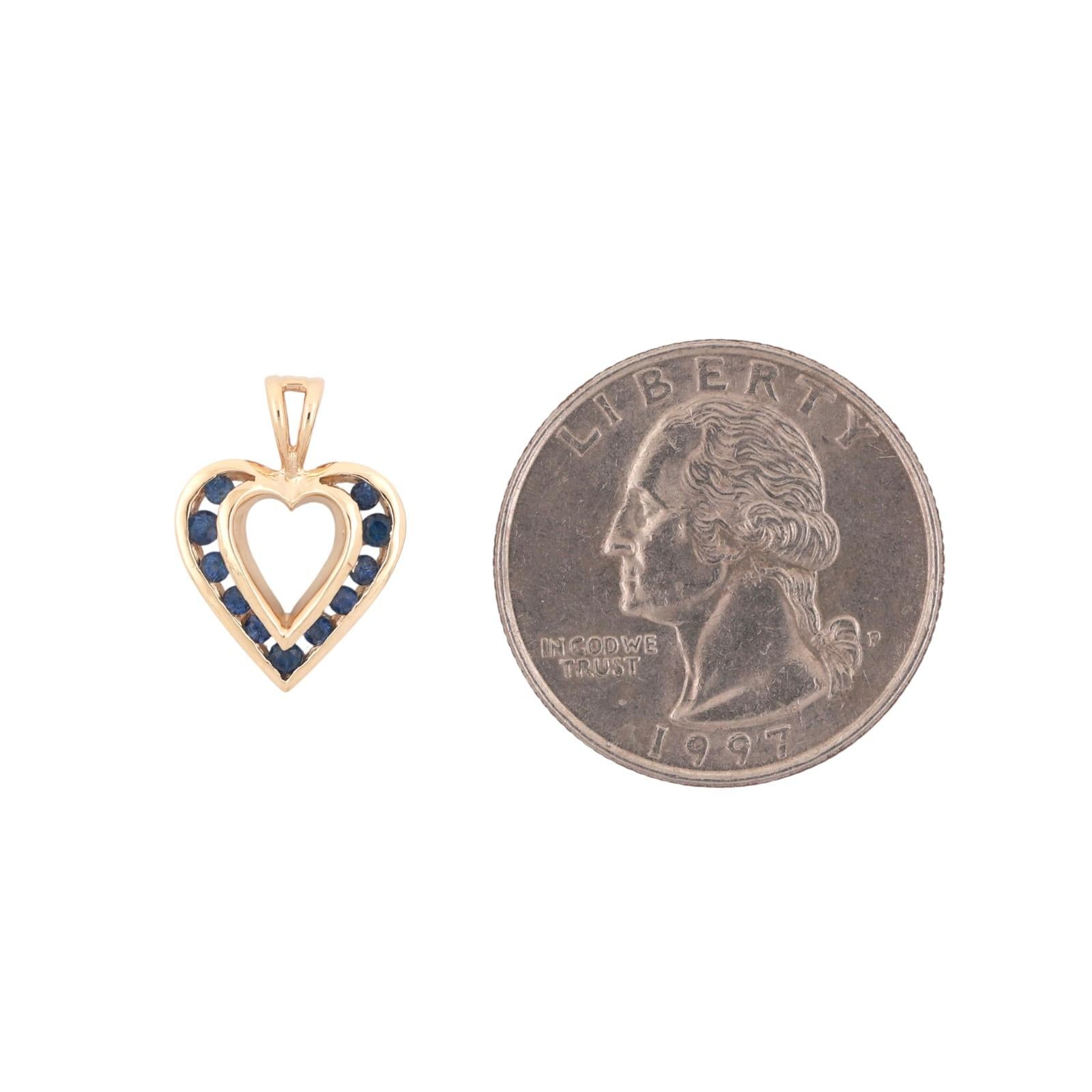 Blue Sapphire Open Heart Pendant Charm 14K Yellow Gold 0.33 CTW 0.65" Ladies