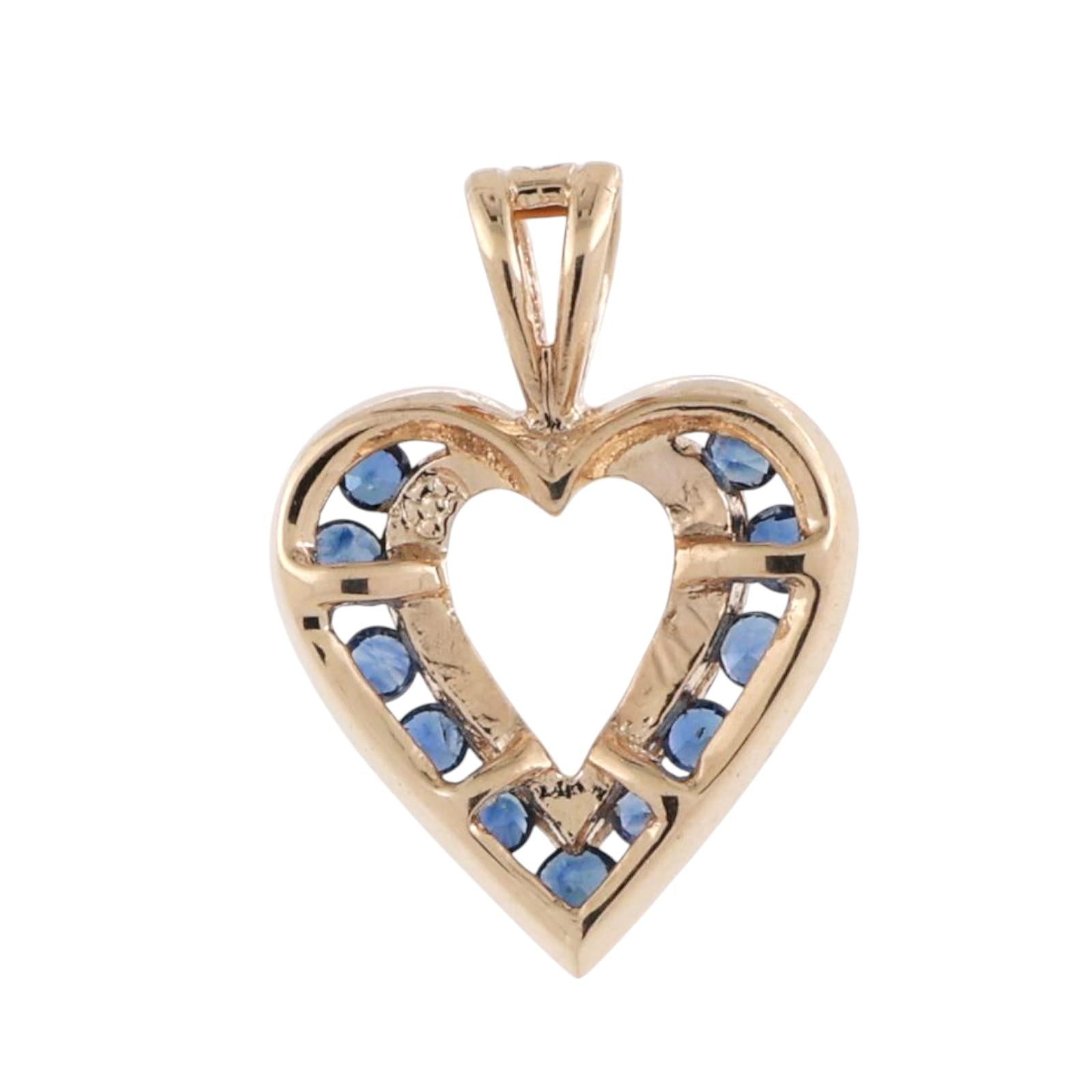 Blue Sapphire Open Heart Pendant Charm 14K Yellow Gold 0.33 CTW 0.65" Ladies