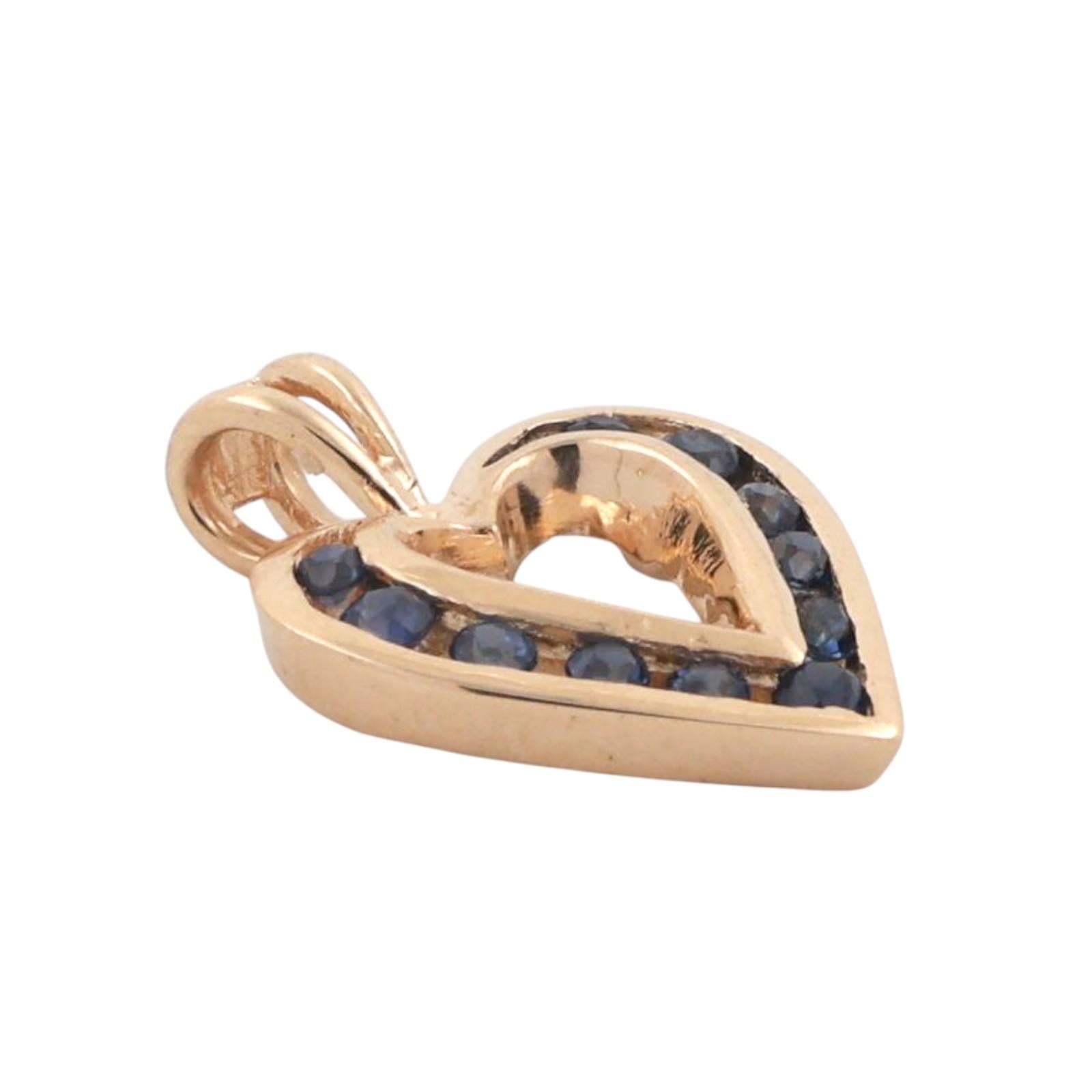 Blue Sapphire Open Heart Pendant Charm 14K Yellow Gold 0.33 CTW 0.65" Ladies