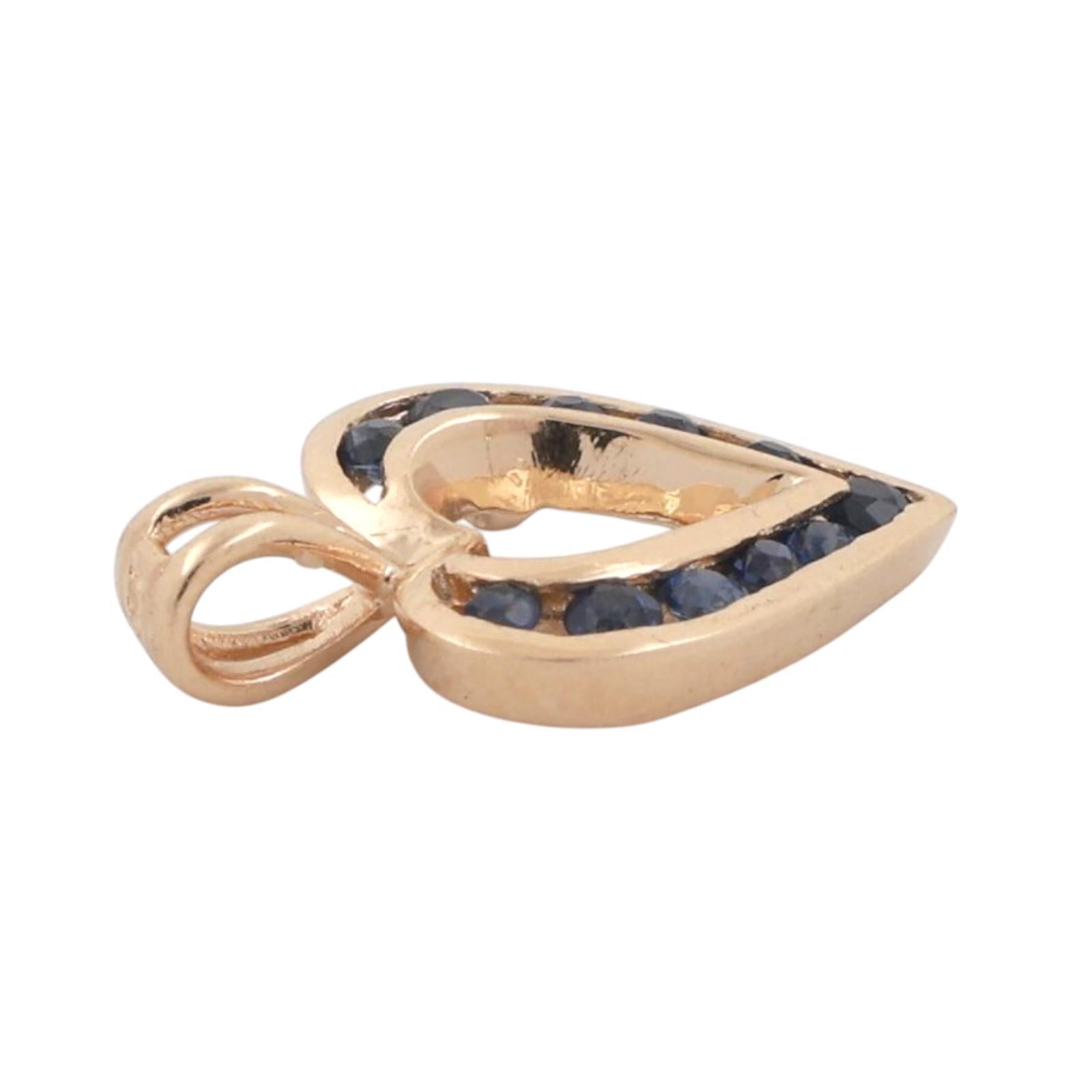 Blue Sapphire Open Heart Pendant Charm 14K Yellow Gold 0.33 CTW 0.65" Ladies