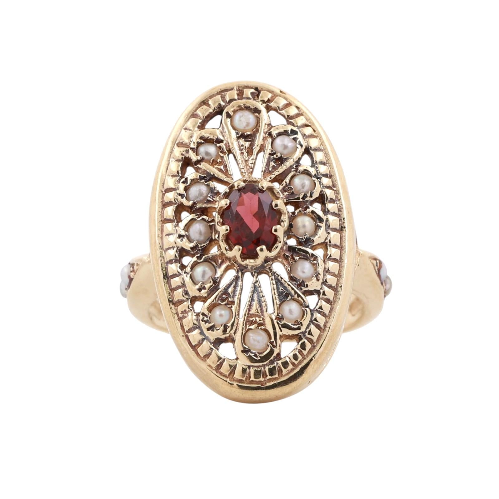 Vintage Garnet Seed Pearl Filigree Ring 14K Yellow Gold Full Finger Size 6.75