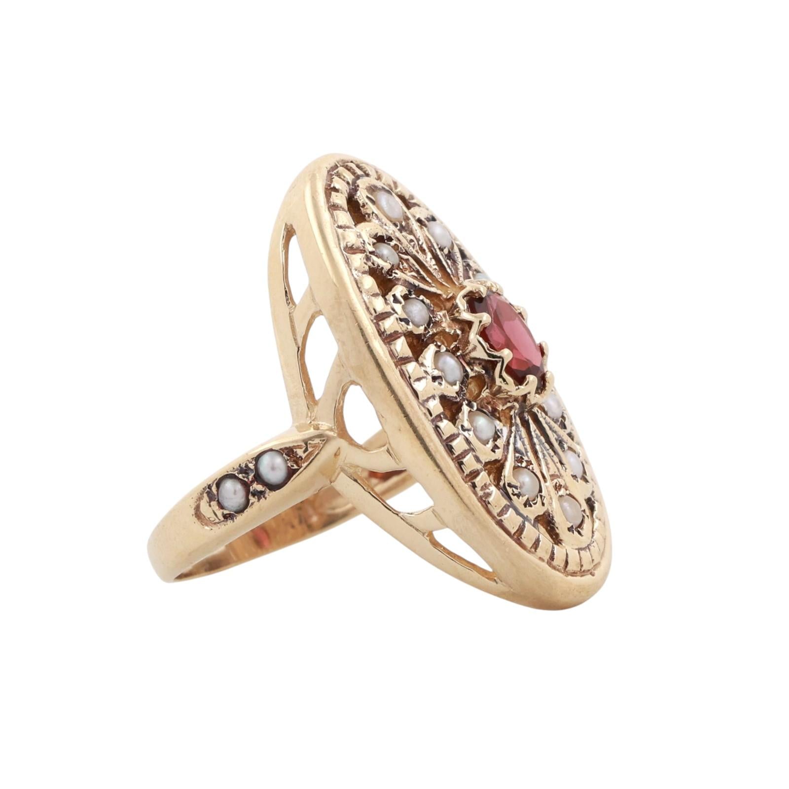Vintage Garnet Seed Pearl Filigree Ring 14K Yellow Gold Full Finger Size 6.75