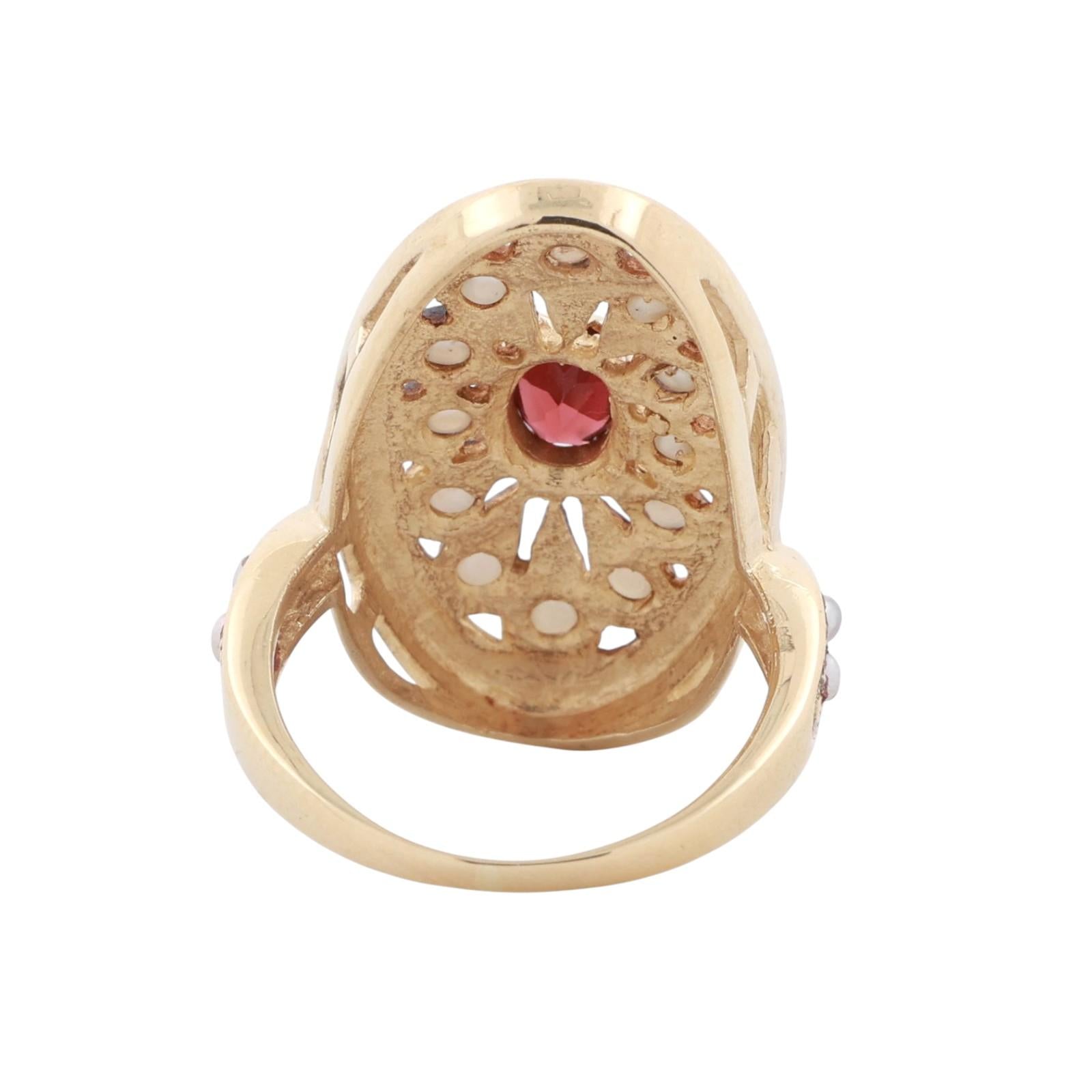 Vintage Garnet Seed Pearl Filigree Ring 14K Yellow Gold Full Finger Size 6.75