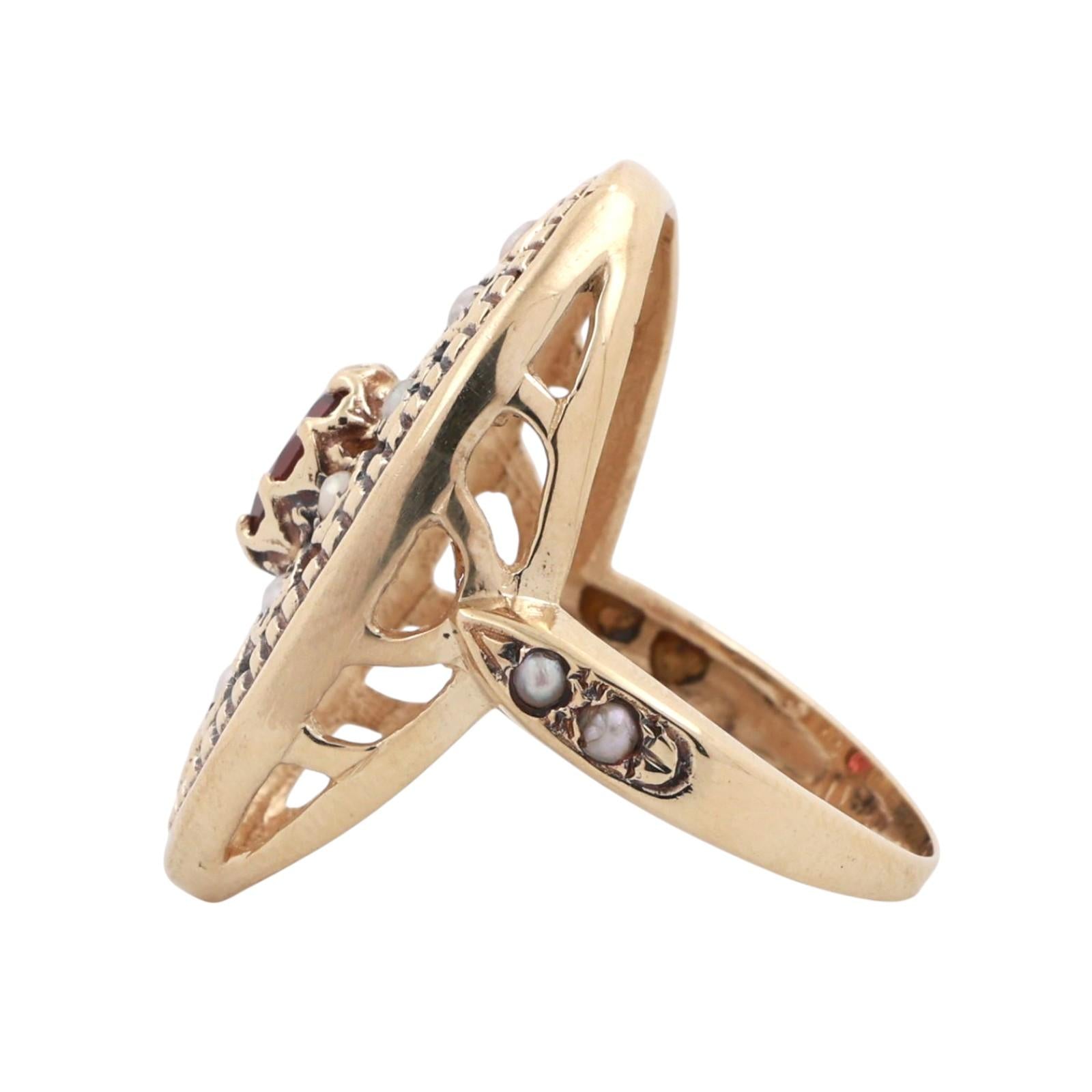 Vintage Garnet Seed Pearl Filigree Ring 14K Yellow Gold Full Finger Size 6.75