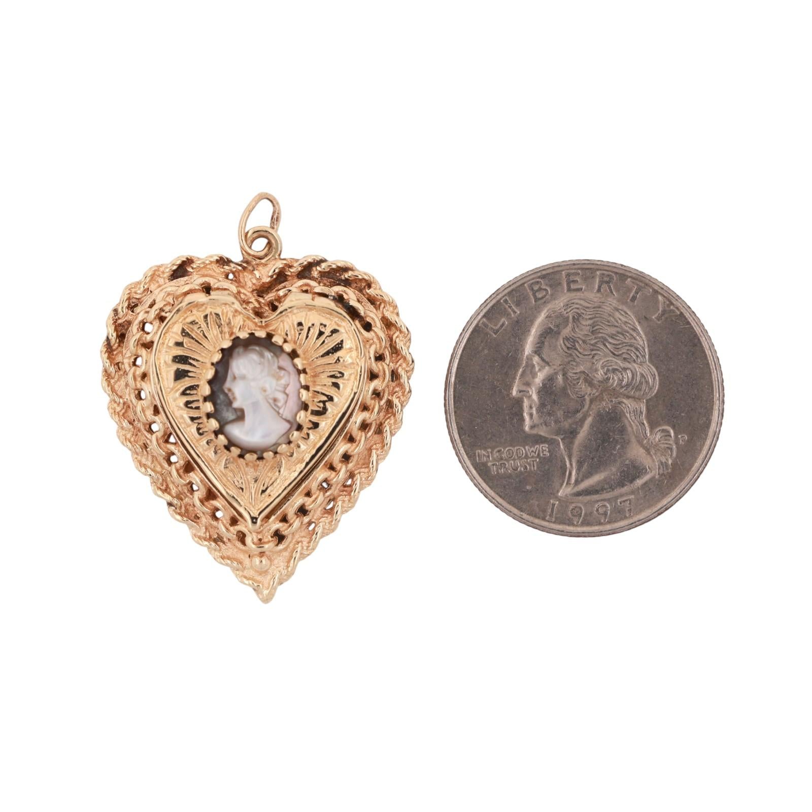 Vintage Cameo Heart Locket Pendant Charm 14K Yellow Gold Filigree Design 1.45"