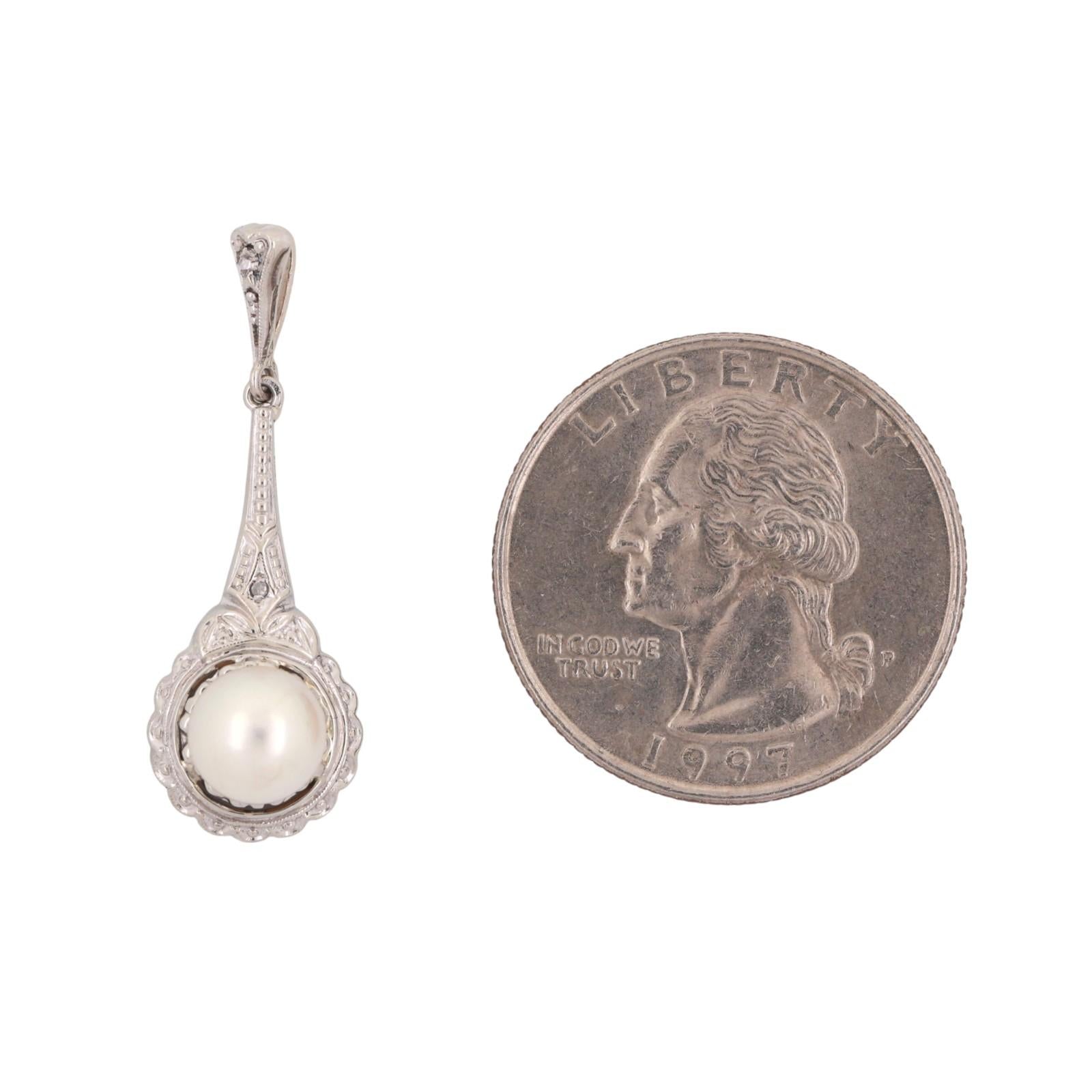 Vintage Pearl Diamond Pendant 14K White Gold 1.20" Ladies Estate