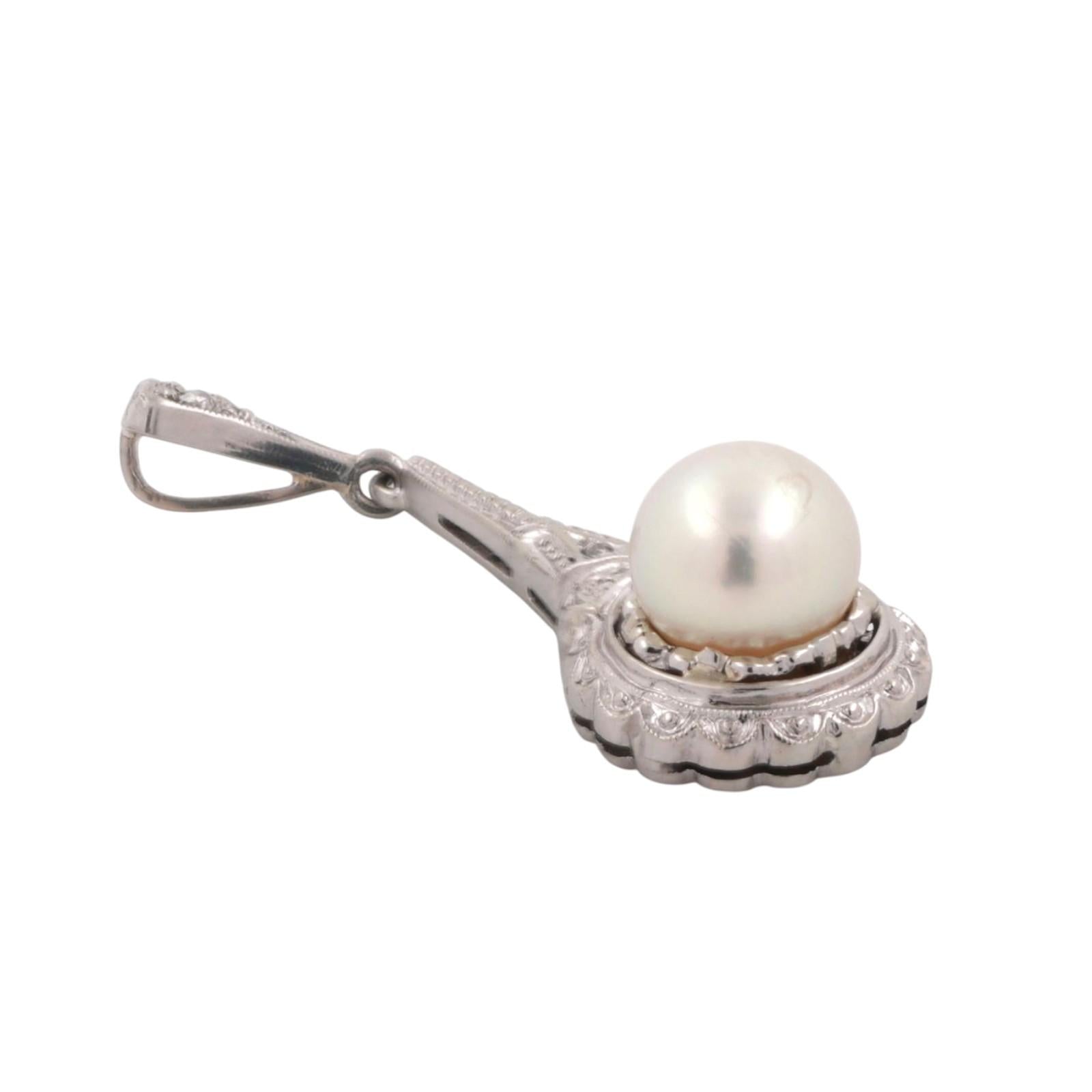 Vintage Pearl Diamond Pendant 14K White Gold 1.20" Ladies Estate