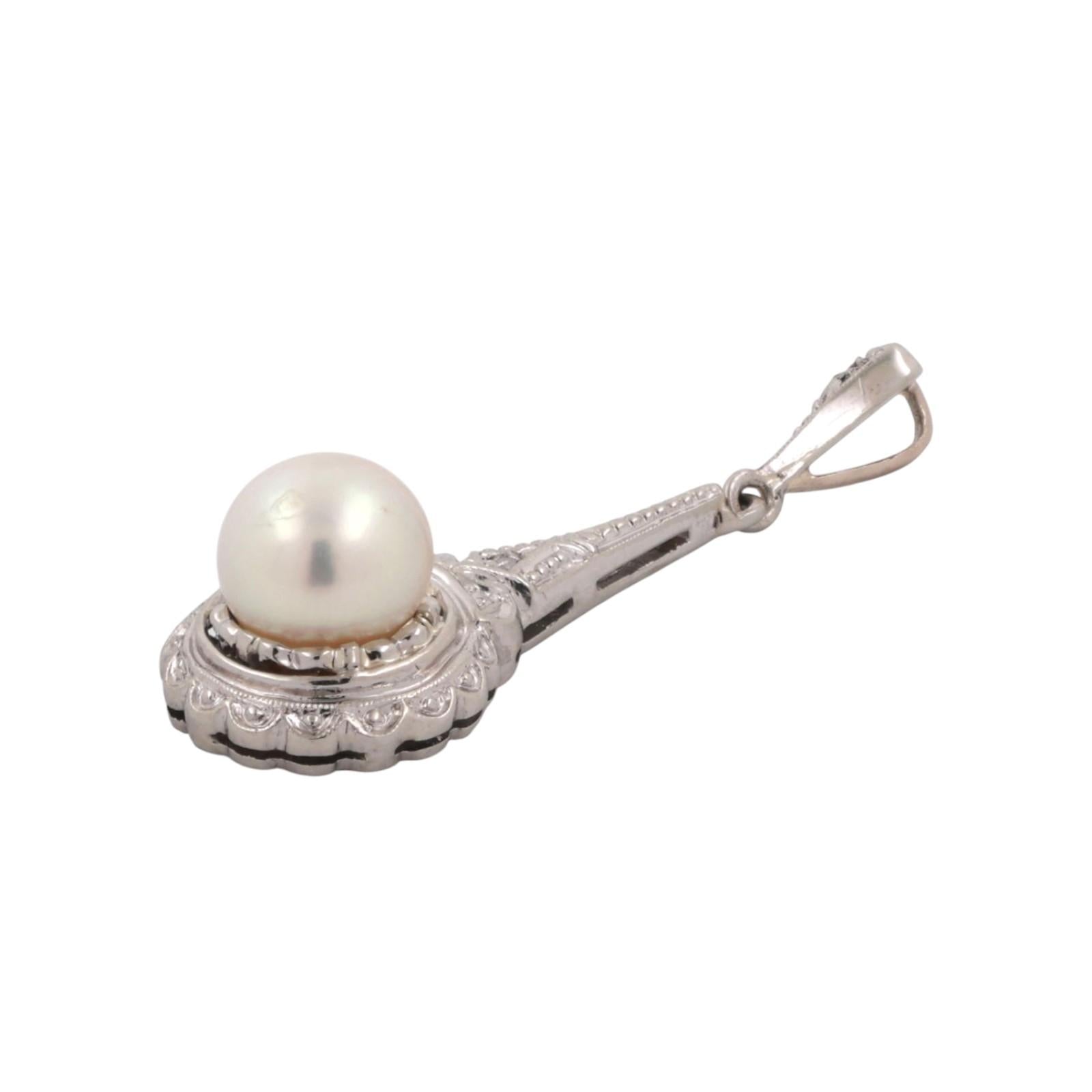 Vintage Pearl Diamond Pendant 14K White Gold 1.20" Ladies Estate