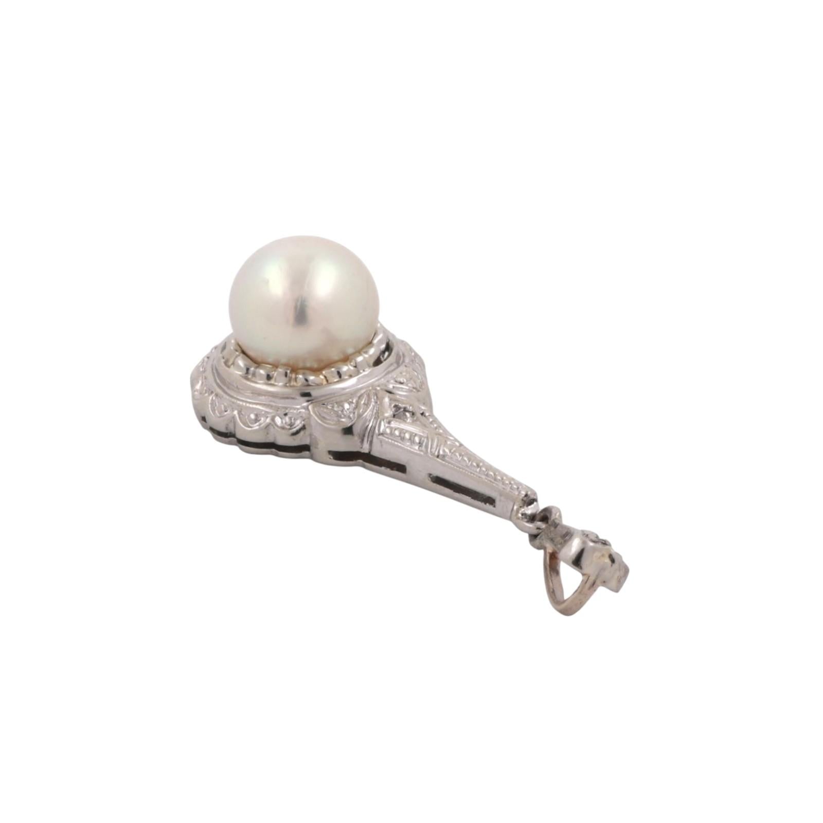 Vintage Pearl Diamond Pendant 14K White Gold 1.20" Ladies Estate