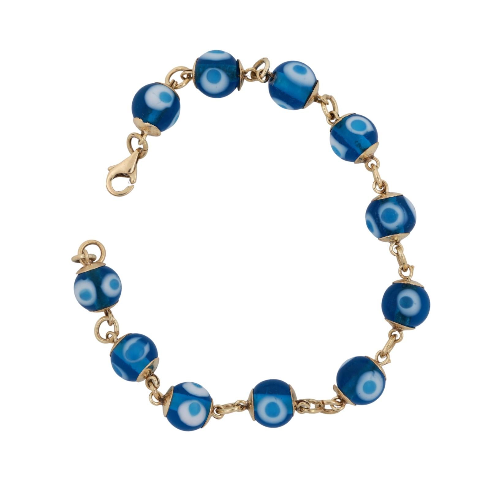 14K Yellow Gold Evil Eye Glass Beaded Bracelet 7" Estate