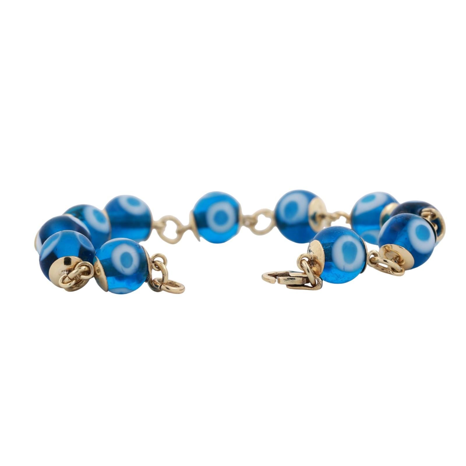 14K Yellow Gold Evil Eye Glass Beaded Bracelet 7" Estate