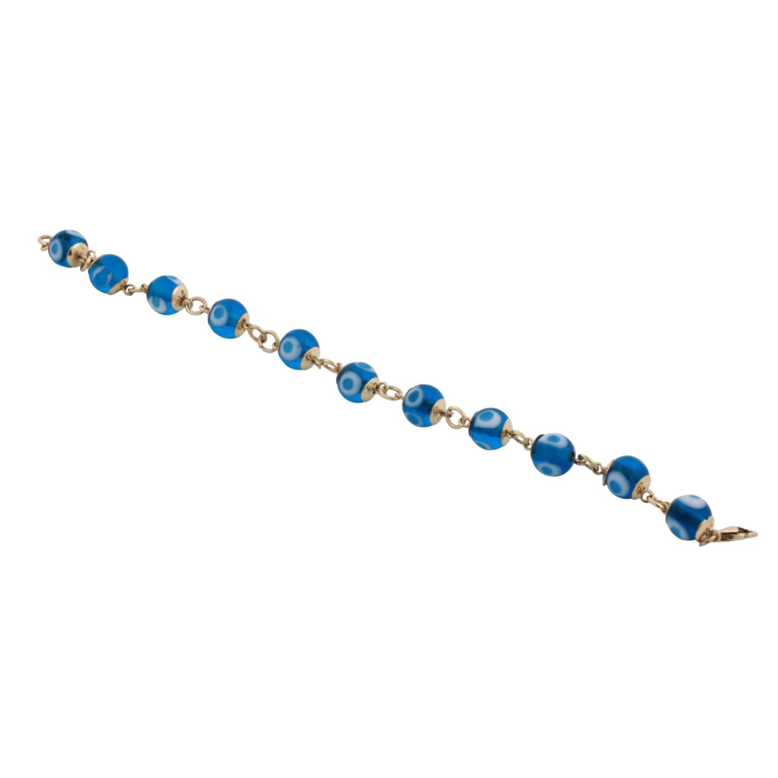14K Yellow Gold Evil Eye Glass Beaded Bracelet 7" Estate