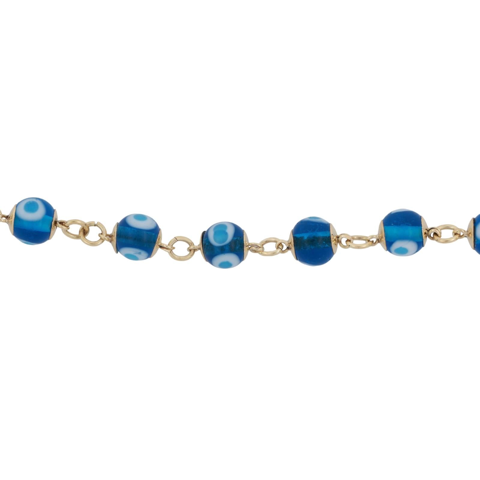 14K Yellow Gold Evil Eye Glass Beaded Bracelet 7" Estate