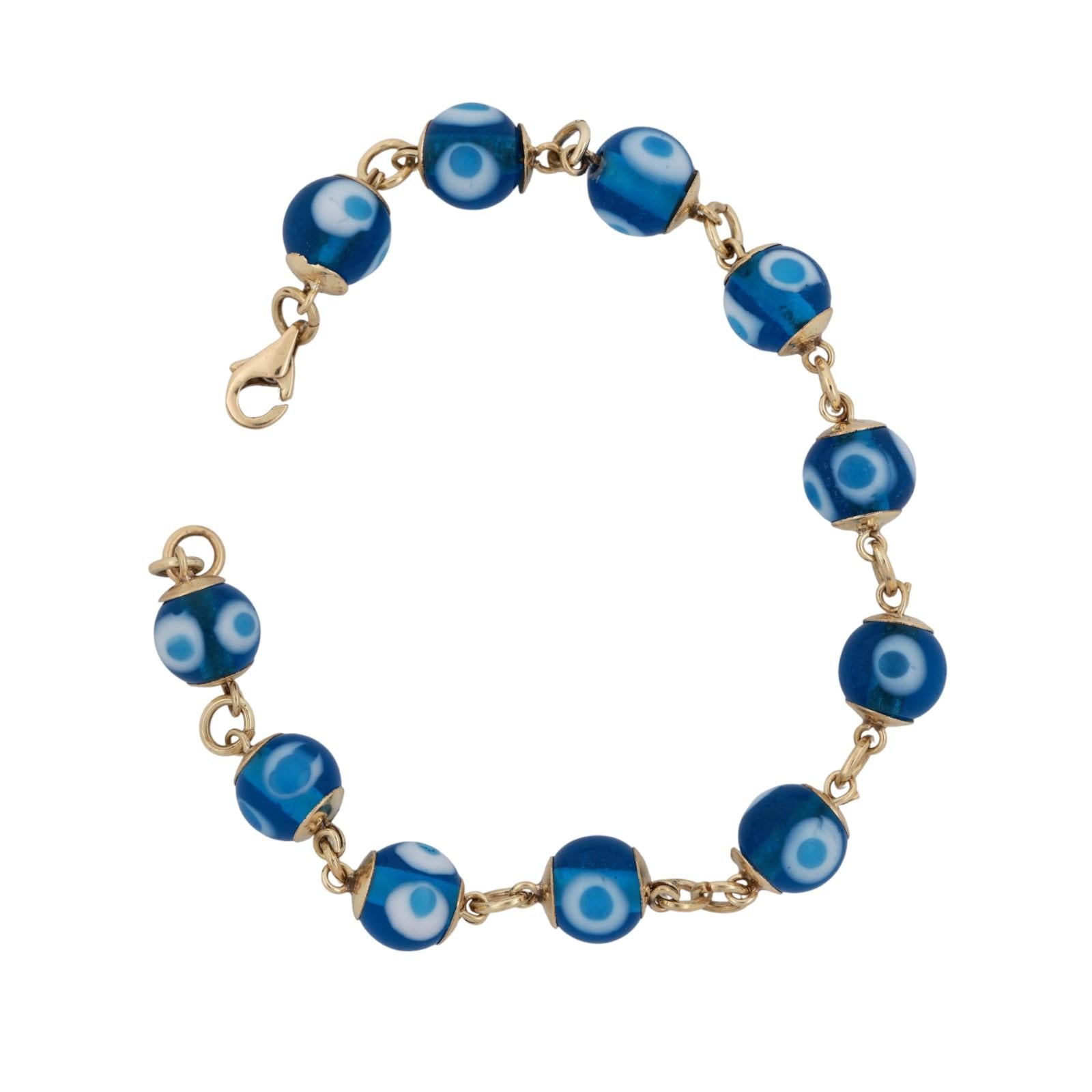 14K Yellow Gold Evil Eye Glass Beaded Bracelet 7" Estate