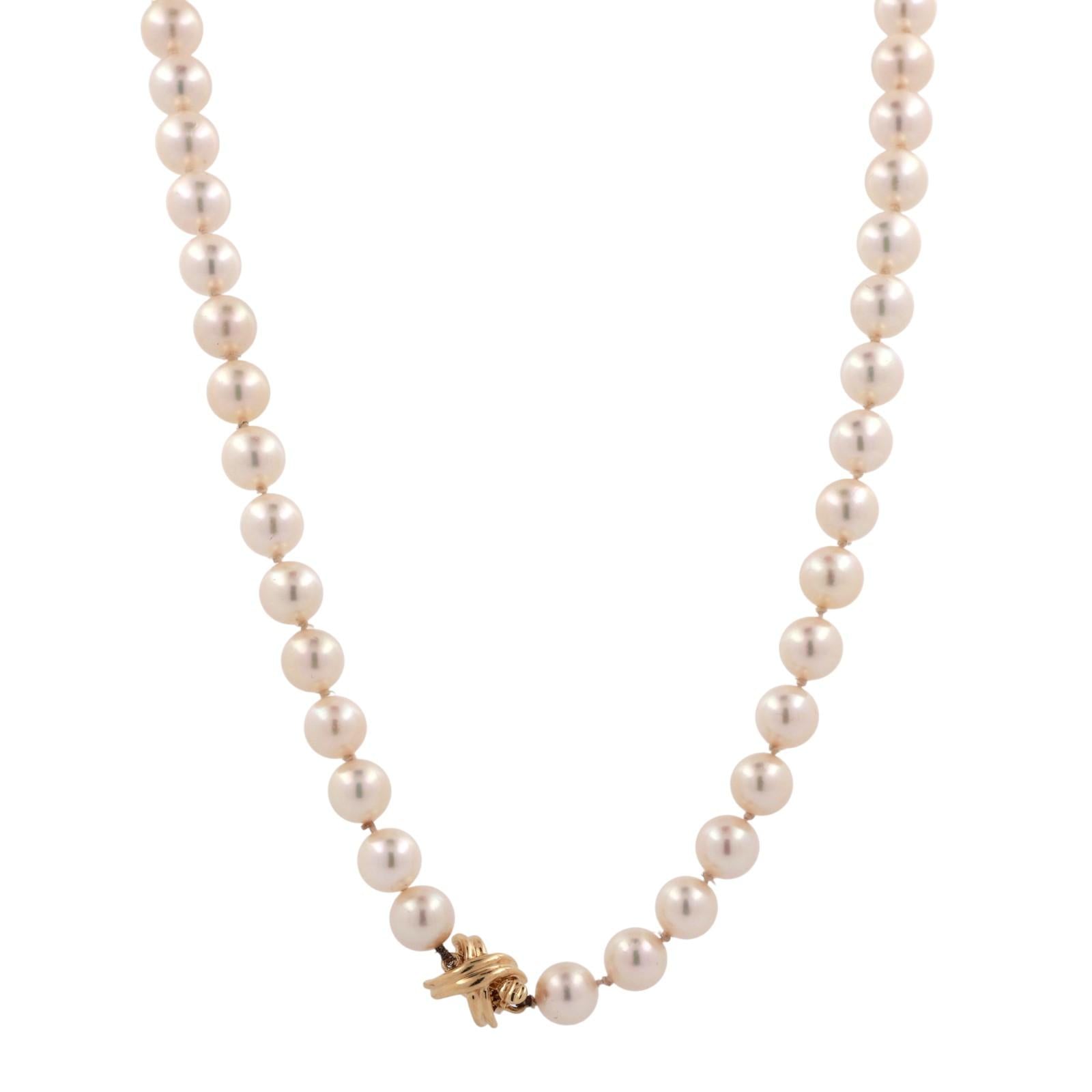 Tiffany & Co Cultured Akoya Pearl Necklace 18K Yellow Gold X Clasp 17.75” Ladies