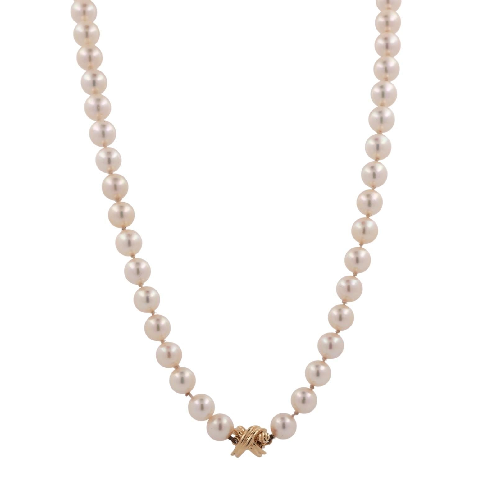 Tiffany & Co Cultured Akoya Pearl Necklace 18K Yellow Gold X Clasp 17.75” Ladies