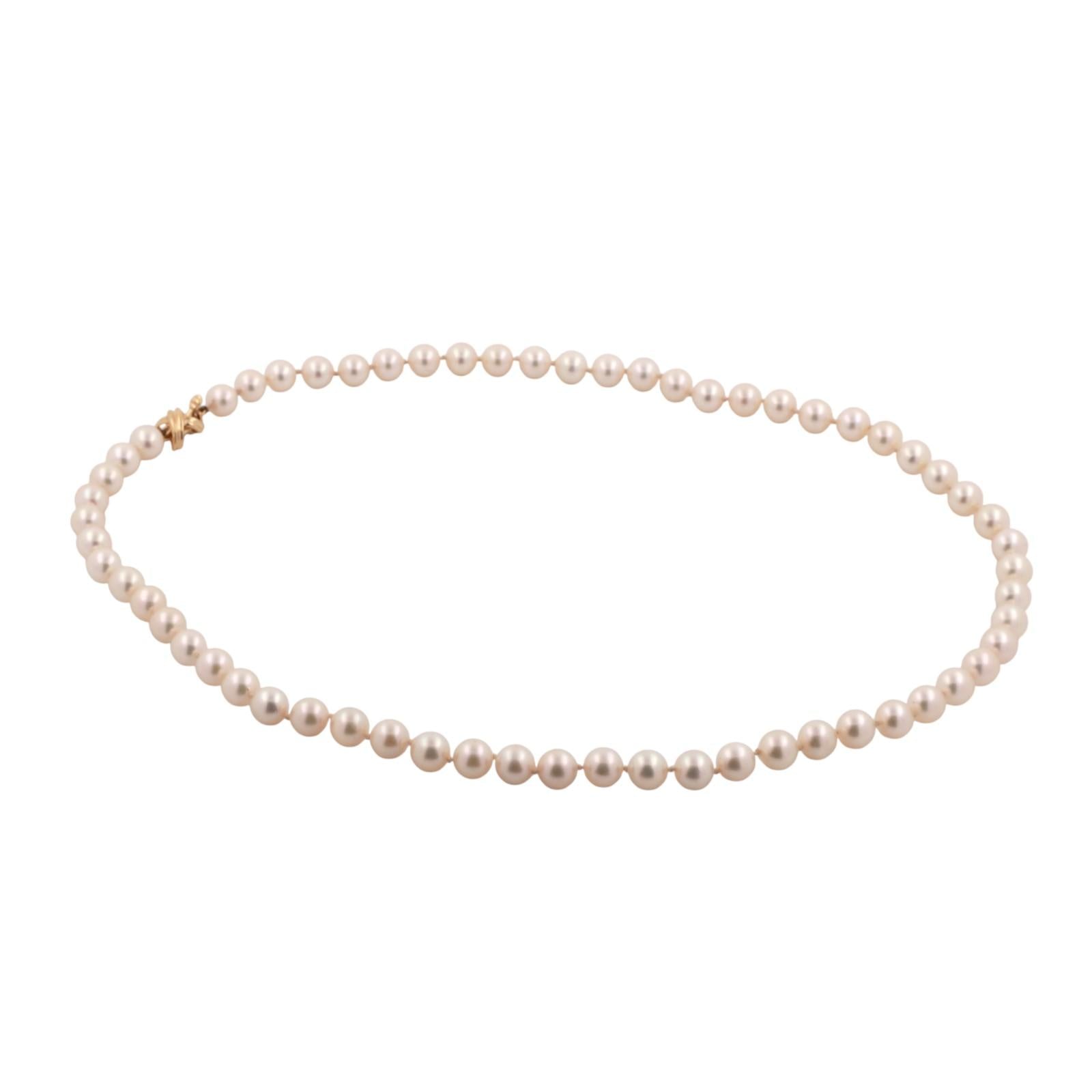 Tiffany & Co Cultured Akoya Pearl Necklace 18K Yellow Gold X Clasp 17.75” Ladies
