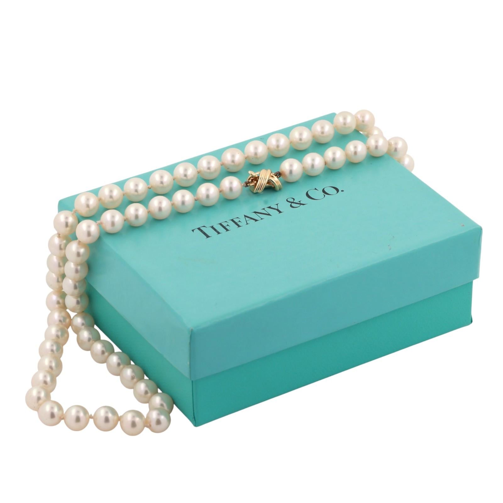 Tiffany & Co Cultured Akoya Pearl Necklace 18K Yellow Gold X Clasp 17.75” Ladies