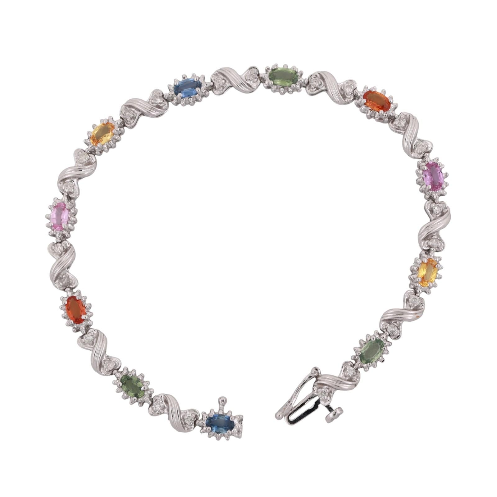 Multi Color Sapphire Diamond Bracelet 14K White Gold S Link 3.88 CTW 7"
