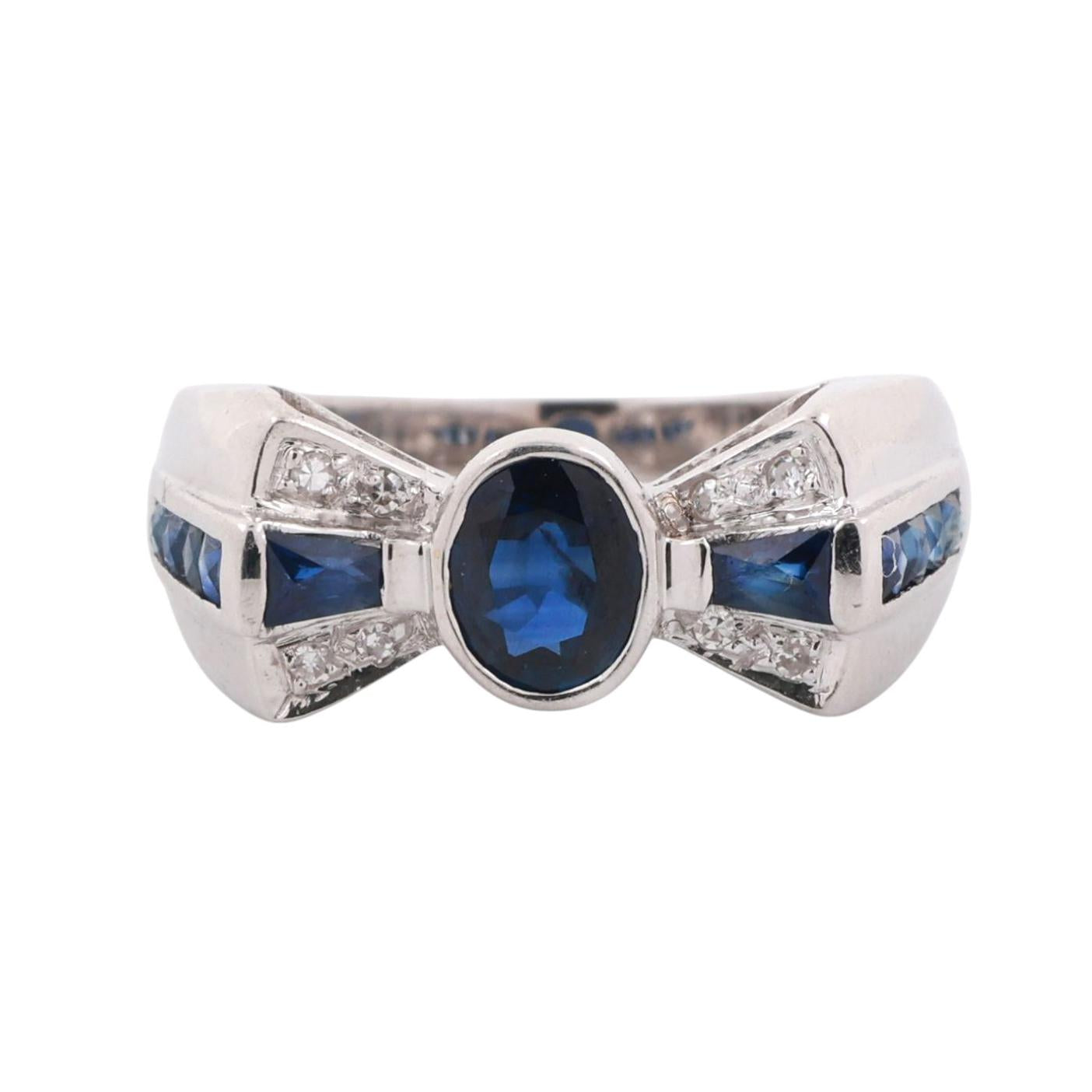 Blue Sapphire Diamond Bow Ring 18K White Gold 1.05 CTW Size 7.25 Ladies Estate