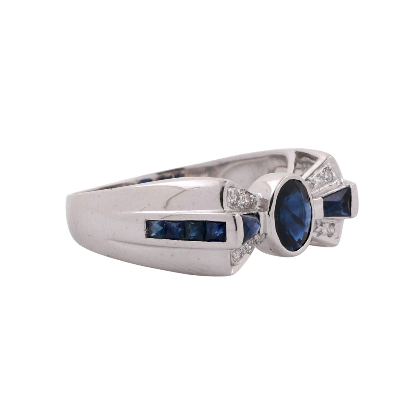 Blue Sapphire Diamond Bow Ring 18K White Gold 1.05 CTW Size 7.25 Ladies Estate
