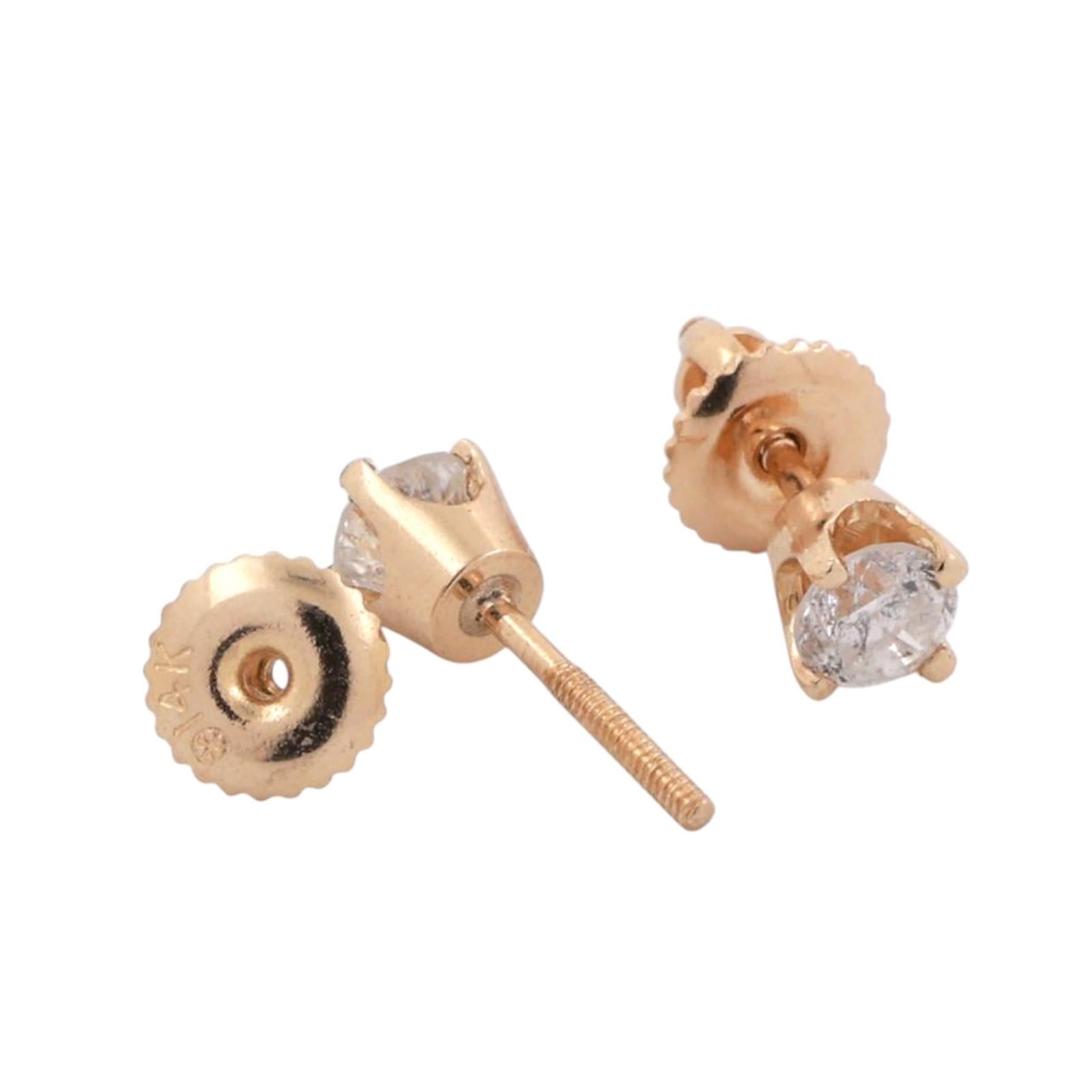 0.50 TW Round Diamond Stud Earrings 14K Yellow Gold 4-Prong Setting Screw Backs