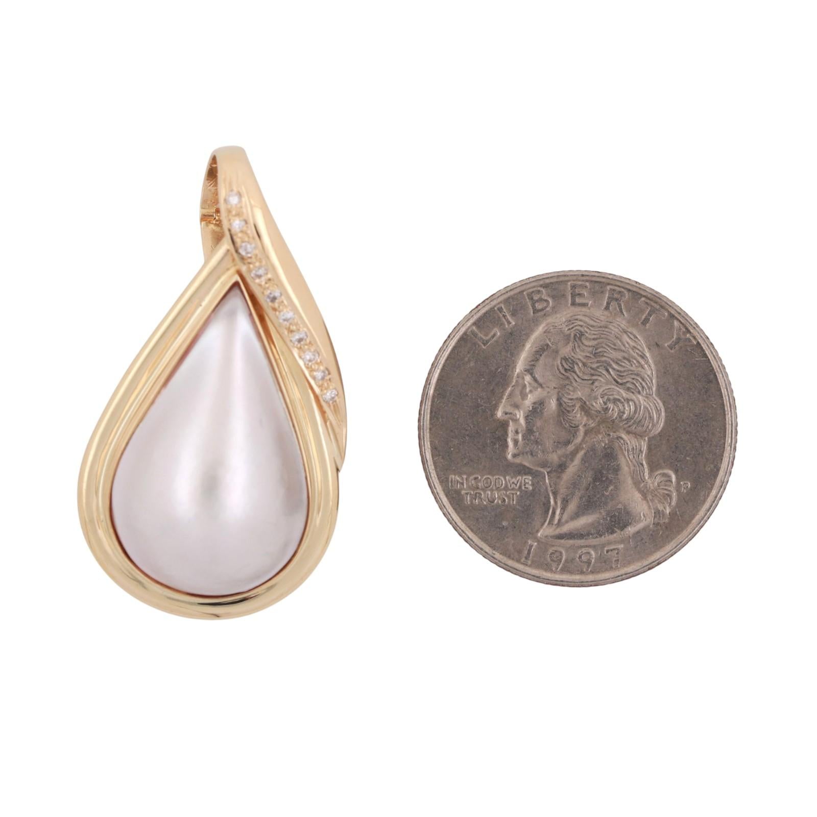 Vintage Mabe Pearl Diamond Teardrop Pendant 14K Yellow Gold Snap Clasp 1.35"
