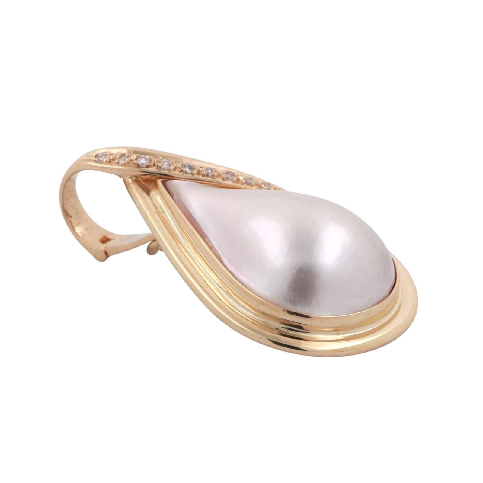 Vintage Mabe Pearl Diamond Teardrop Pendant 14K Yellow Gold Snap Clasp 1.35"